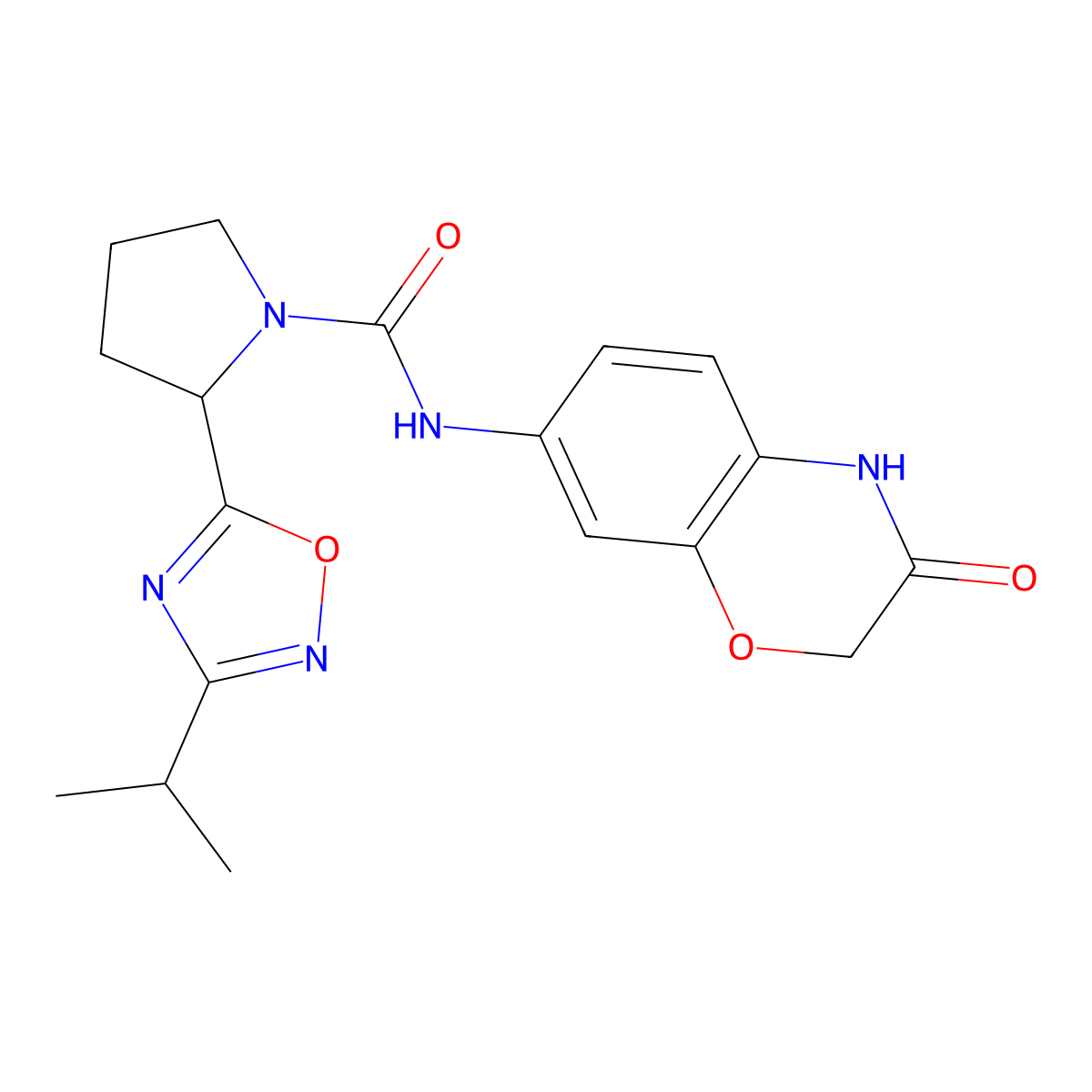 (2S)-N-(3,4-Dihydro-3-oxo-2H-1,4-benzoxazin-7-yl)-2-[3-(1-methylethyl)-1,2,4-oxadiazol-5-yl]-1-pyrrolidinecarboxamide molecular structure, CAS 1609668-16-7