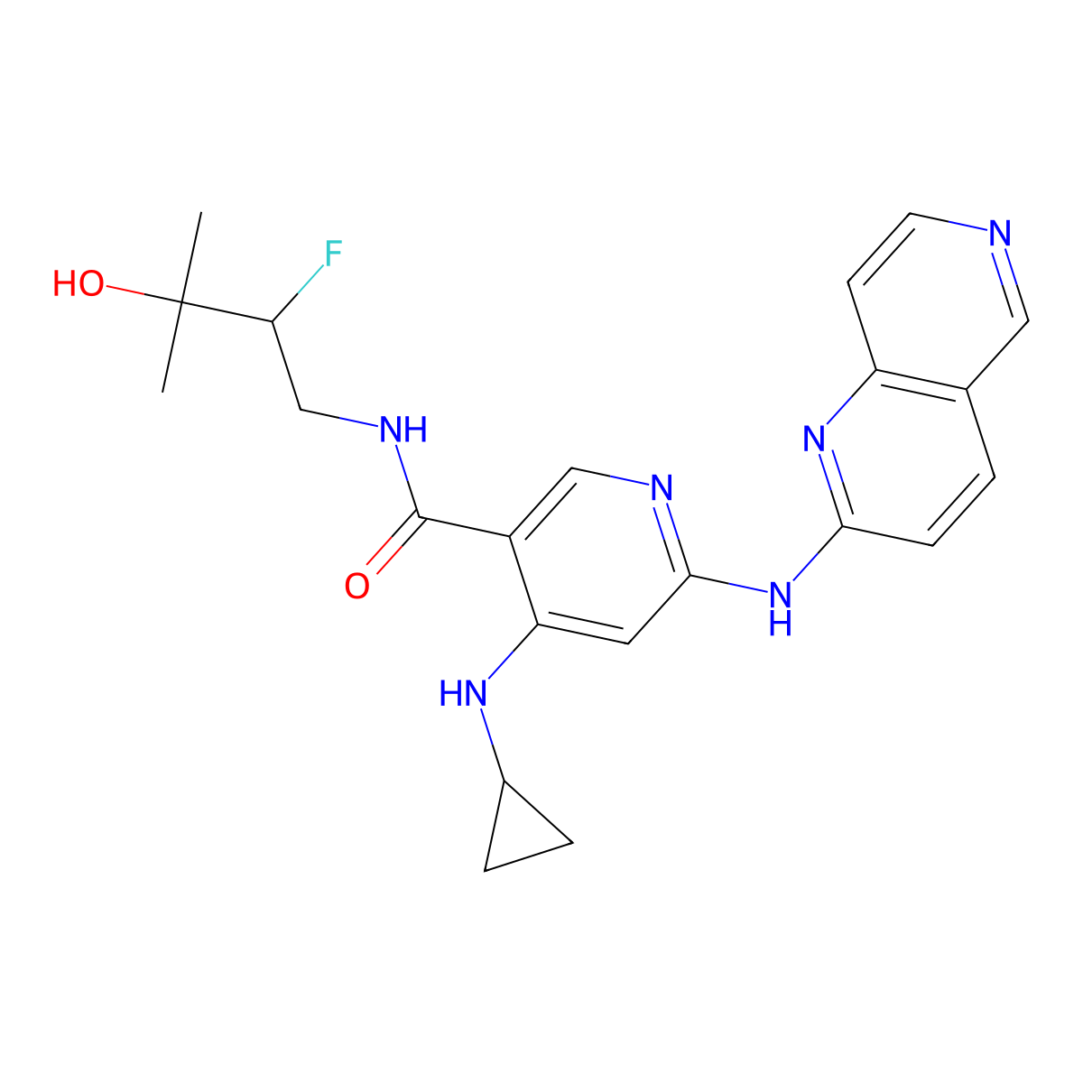 4-(cyclopropylamino)-N-[(2R)-2-fluoro-3-hydroxy-3-methylbutyl]-6-(1,6-naphthyridin-2-ylamino)pyridine-3-carboxamide molecular structure, CAS 1610017-20-3
