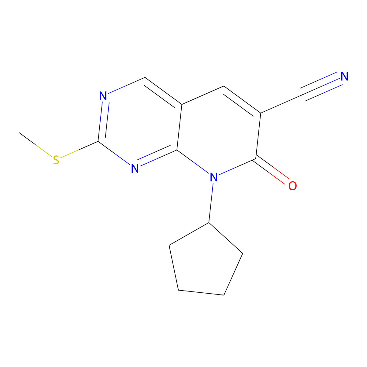 8-Cyclopentyl-2-(methylthio)-7-oxo-7,8-dihydropyrido[2,3-d]pyrimidine-6-carbonitrile molecular structure, CAS 1610369-48-6