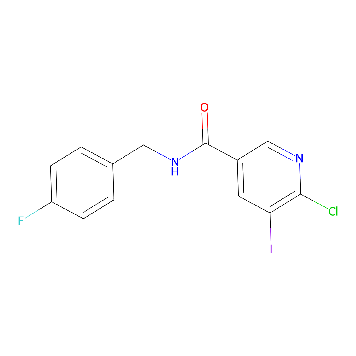 6-chloro-N-[(4-fluorophenyl)methyl]-5-iodopyridine-3-carboxamide molecular structure, CAS 1610377-01-9