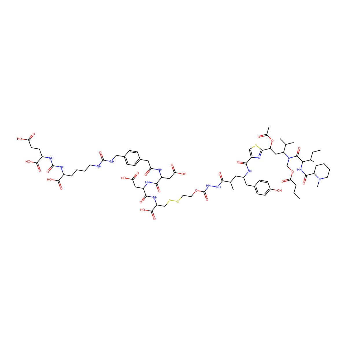 (2S)-2-[[(1S)-5-[[4-[2-[[(2S)-1-[[(2S)-1-[[(1R)-2-[2-[[[(2S,4R)-4-[[2-[(1R,3R)-1-acetyloxy-3-[butanoyloxymethyl-[(2S,3S)-3-methyl-2-[[(2R)-1-methylpiperidine-2-carbonyl]amino]pentanoyl]amino]-4-methylpentyl]-1,3-thiazole-4-carbonyl]amino]-5-(4-hydroxyphenyl)-2-methylpentanoyl]amino]carbamoyloxy]ethyldisulfanyl]-1-carboxyethyl]amino]-3-carboxy-1-oxopropan-2-yl]amino]-3-carboxy-1-oxopropan-2-yl]amino]-2-oxoethyl]phenyl]methylcarbamoylamino]-1-carboxypentyl]carbamoylamino]pentanedioic acid molecular structure, CAS 1610413-96-1