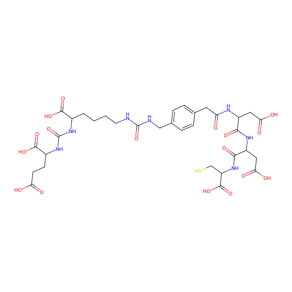(2S)-2-[[(1S)-1-carboxy-5-[[4-[2-[[(2S)-3-carboxy-1-[[(2S)-3-carboxy-1-[[(1R)-1-carboxy-2-sulfanylethyl]amino]-1-oxopropan-2-yl]amino]-1-oxopropan-2-yl]amino]-2-oxoethyl]phenyl]methylcarbamoylamino]pentyl]carbamoylamino]pentanedioic acid molecular structure, CAS 1610414-00-0