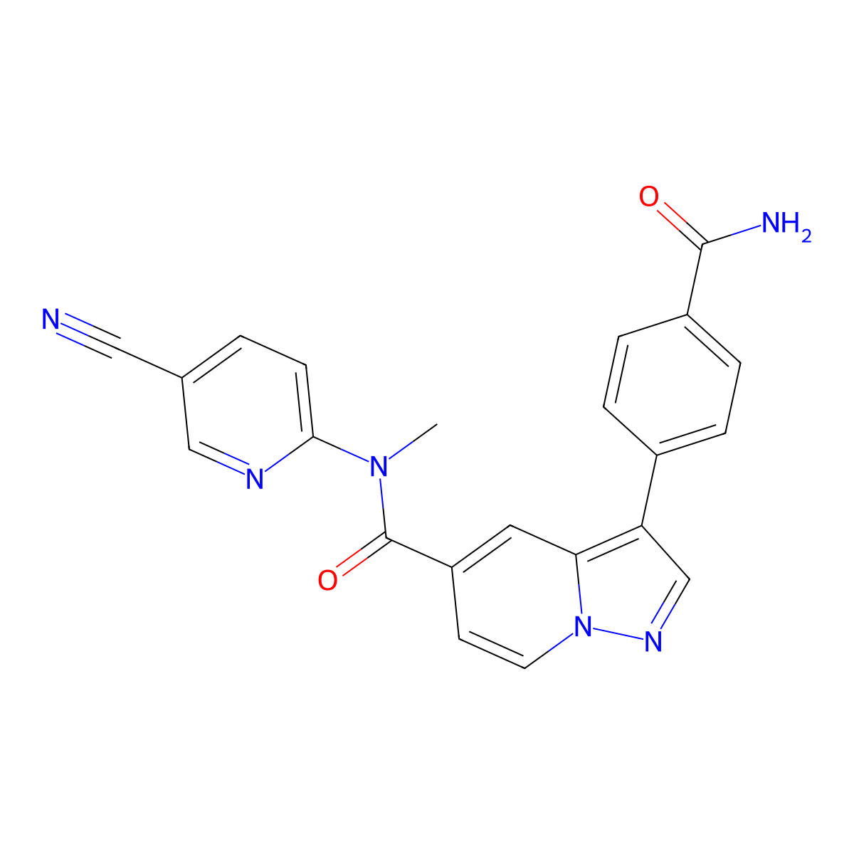 3-(4-carbamoylphenyl)-N-(5-cyanopyridin-2-yl)-N-methylpyrazolo[1,5-a]pyridine-5-carboxamide molecular structure, CAS 1610610-48-4