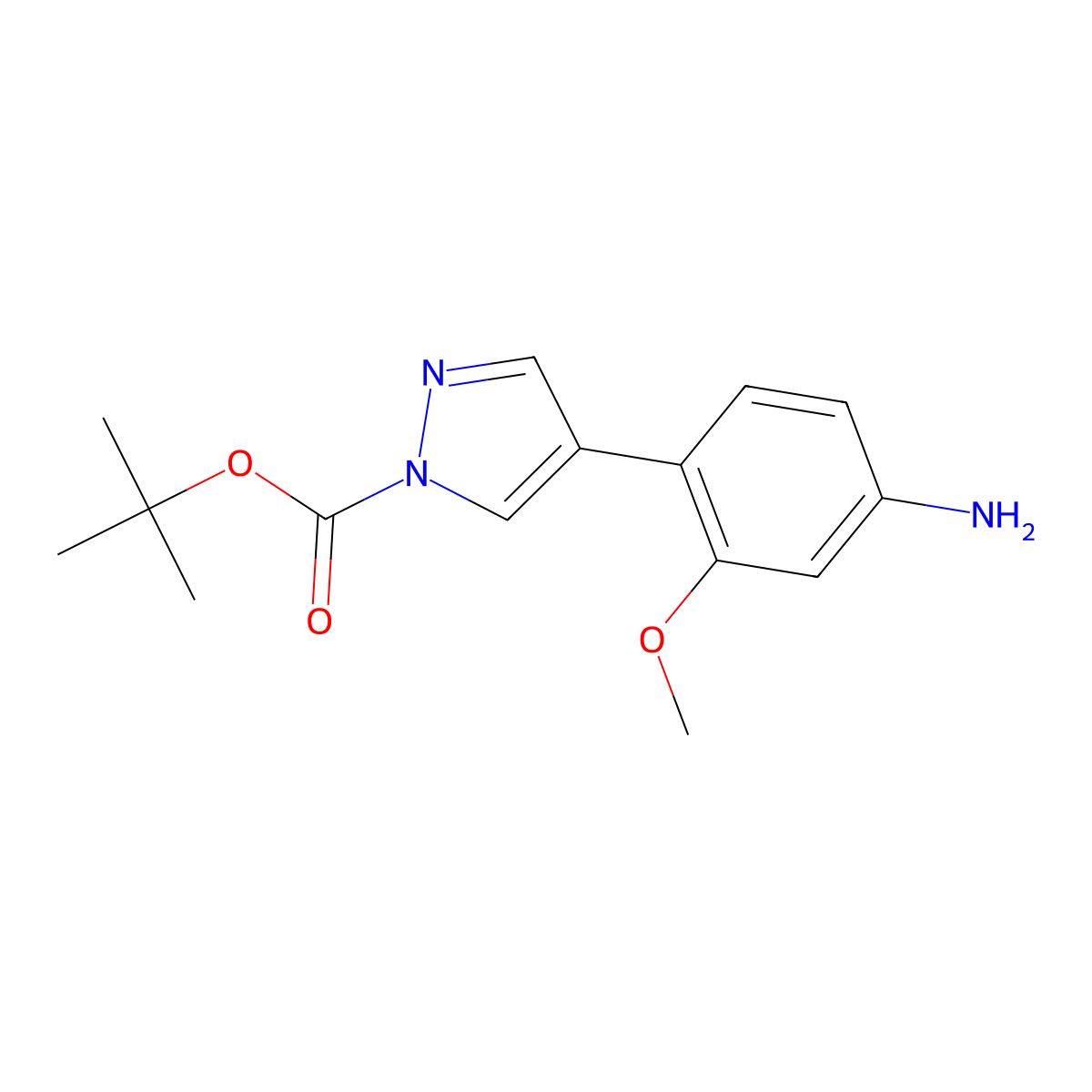 tert-butyl 4-(4-amino-2-methoxyphenyl)-1H-pyrazole-1-carboxylate molecular structure, CAS 1610875-72-3