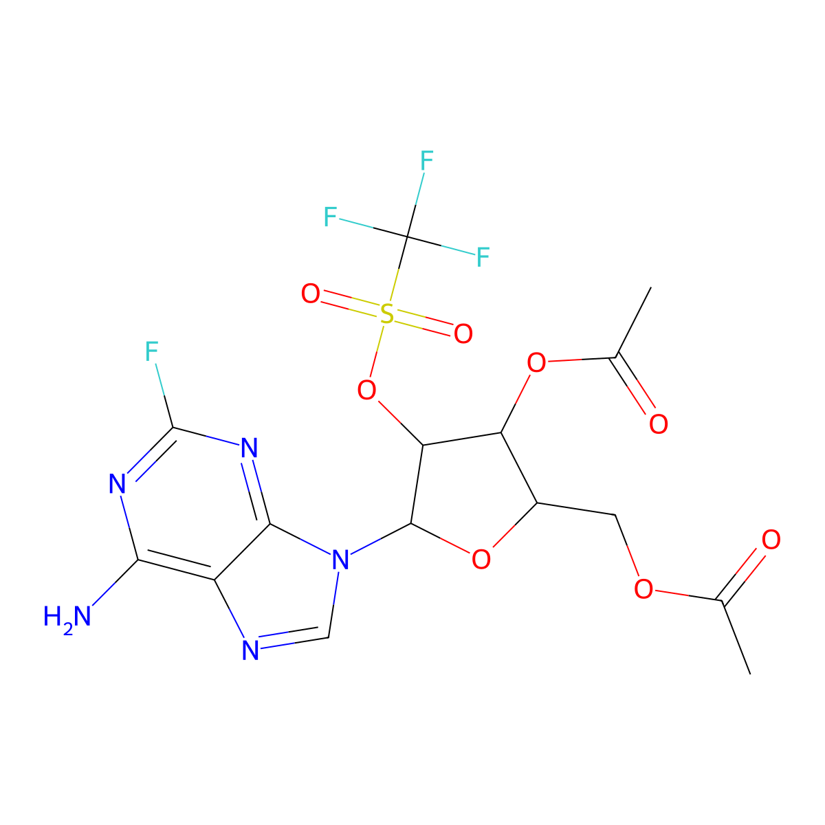 ((2R,3R,4R,5R)-3-Acetoxy-5-(6-amino-2-fluoro-9H-purin-9-yl)-4-(((trifluoromethyl)sulfonyl)oxy)tetrahydrofuran-2-yl)methyl acetate molecular structure, CAS 161109-76-8