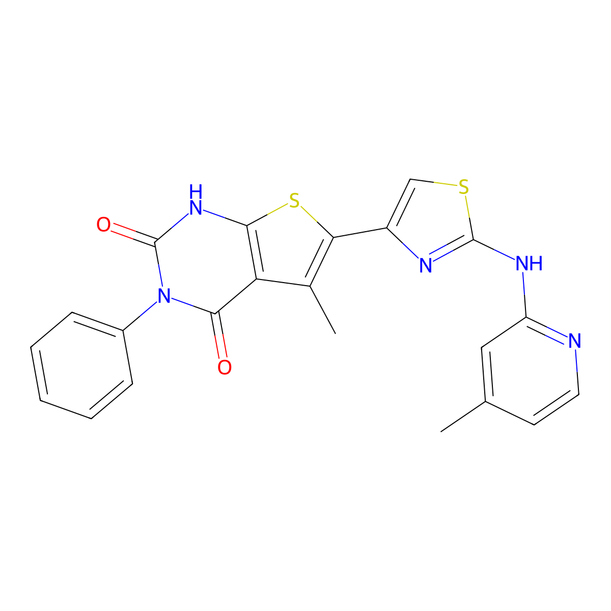 5-methyl-6-[2-[(4-methyl-2-pyridinyl)amino]-1,3-thiazol-4-yl]-3-phenyl-1H-thieno[2,3-d]pyrimidine-2,4-dione molecular structure, CAS 1611467-83-4