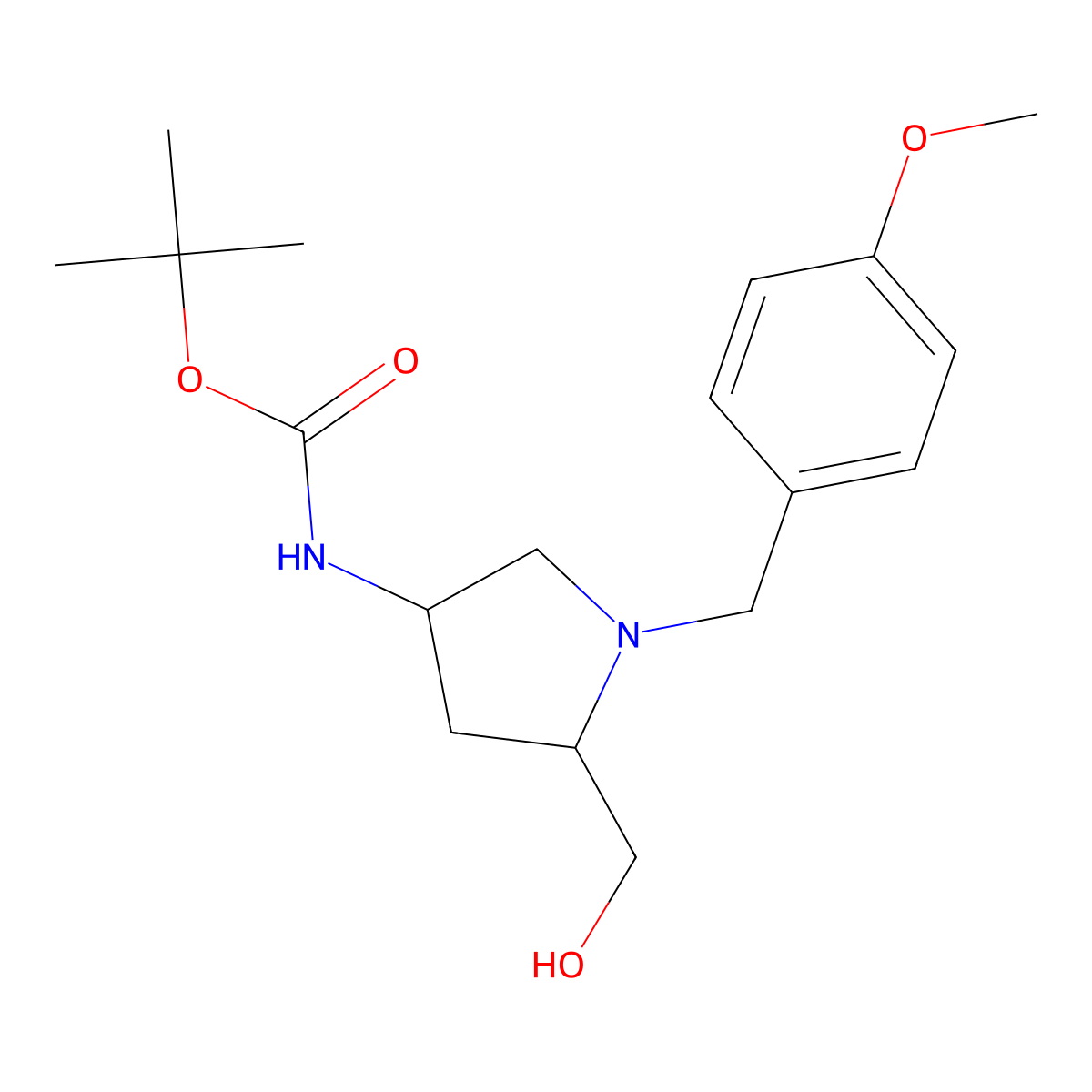 tert-Butyl((3R,5S)-5-(hydroxymethyl)-1-(4-methoxybenzyl)pyrrolidin-3-yl)carbamate molecular structure, CAS 1611480-89-7