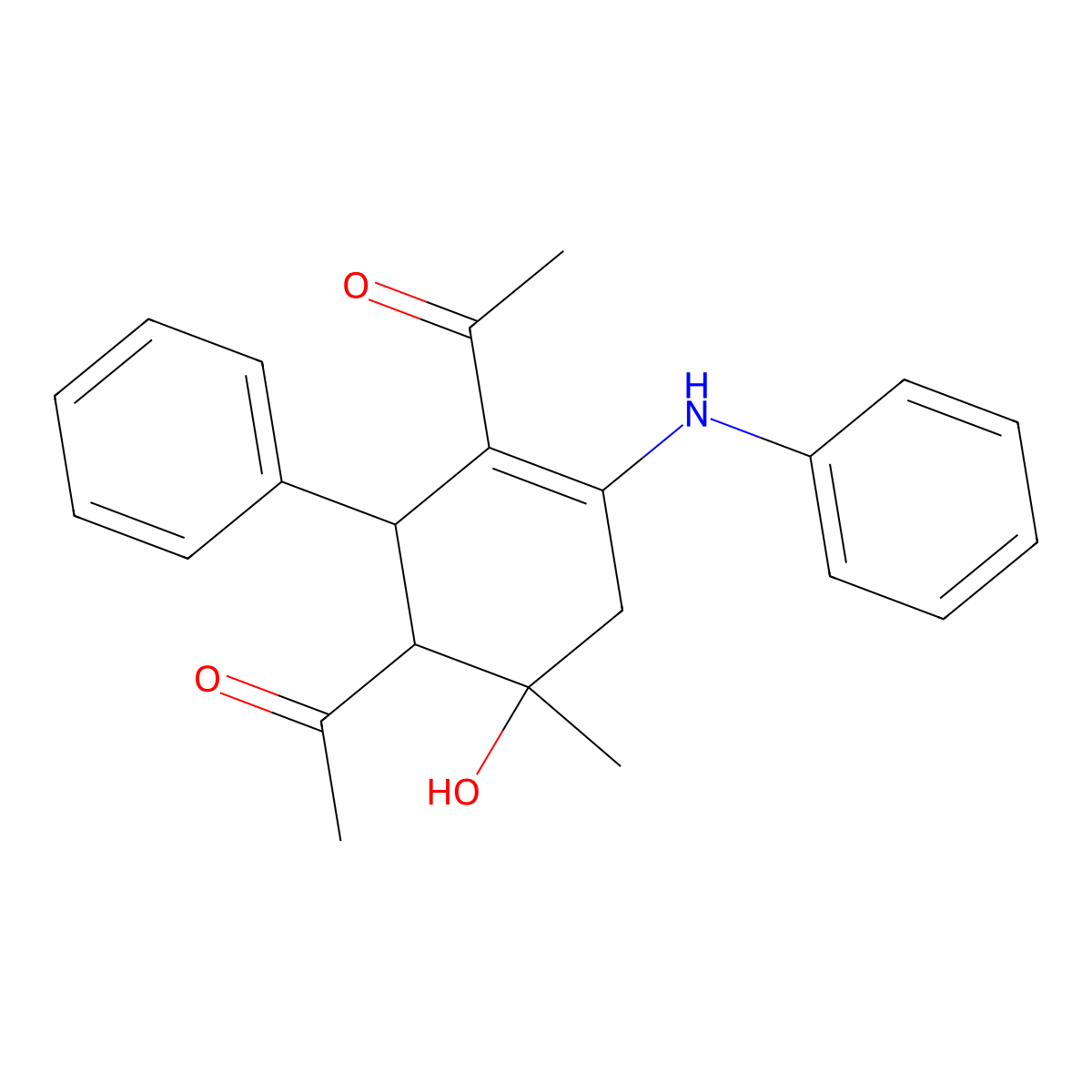 1-(3-Acetyl-4-anilino-6-hydroxy-6-methyl-2-phenylcyclohex-3-en-1-yl)ethanone molecular structure, CAS 161265-85-6