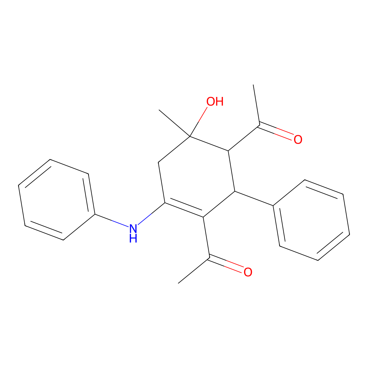 1-(3-Acetyl-4-anilino-6-hydroxy-6-methyl-2-phenylcyclohex-3-en-1-yl)ethanone molecular structure, CAS 161265-85-6