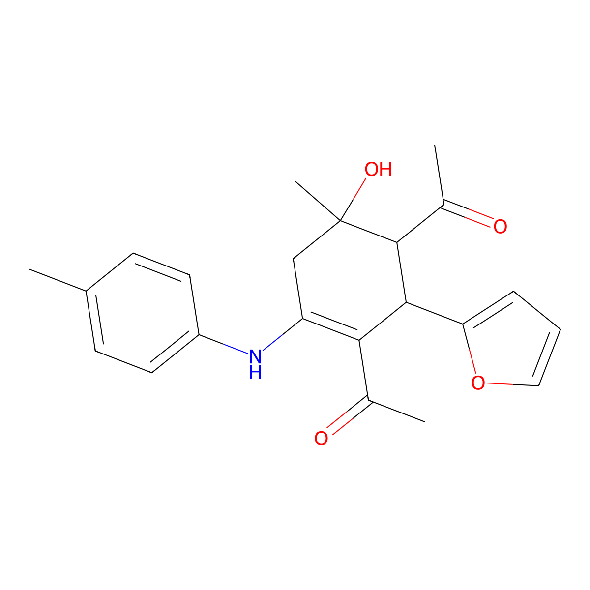 1-[3-Acetyl-2-(furan-2-yl)-6-hydroxy-6-methyl-4-(4-methylanilino)cyclohex-3-en-1-yl]ethanone molecular structure, CAS 161265-90-3