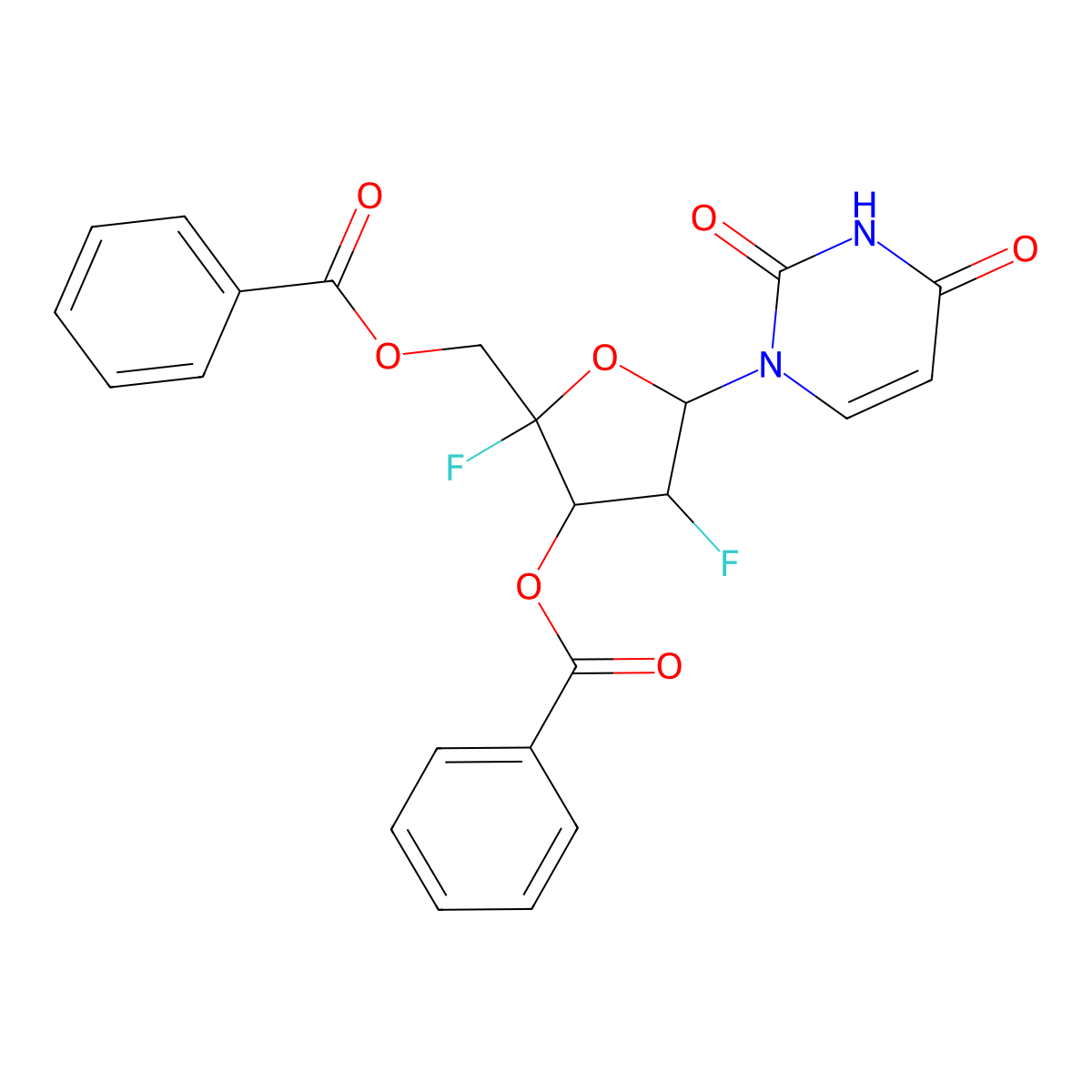 ((2S,3S,4R,5R)-3-(benzoyloxy)-5-(2,4-dioxo-3,4-dihydropyrimidin-1(2H)-yl)-2,4-difluorotetrahydrofuran-2-yl)methyl benzoate molecular structure, CAS 1612841-23-2
