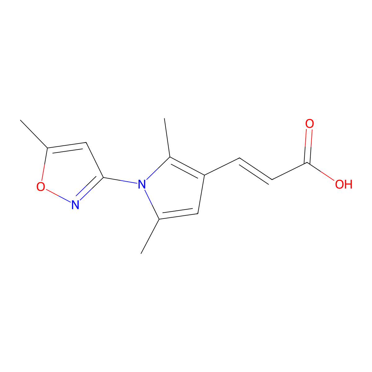 (2E)-3-(2,5-dimethyl-1-(5-methyl-1,2-oxazol-3-yl)-1H-pyrrol-3-yl)prop-2-enoic acid molecular structure, CAS 1613051-36-7