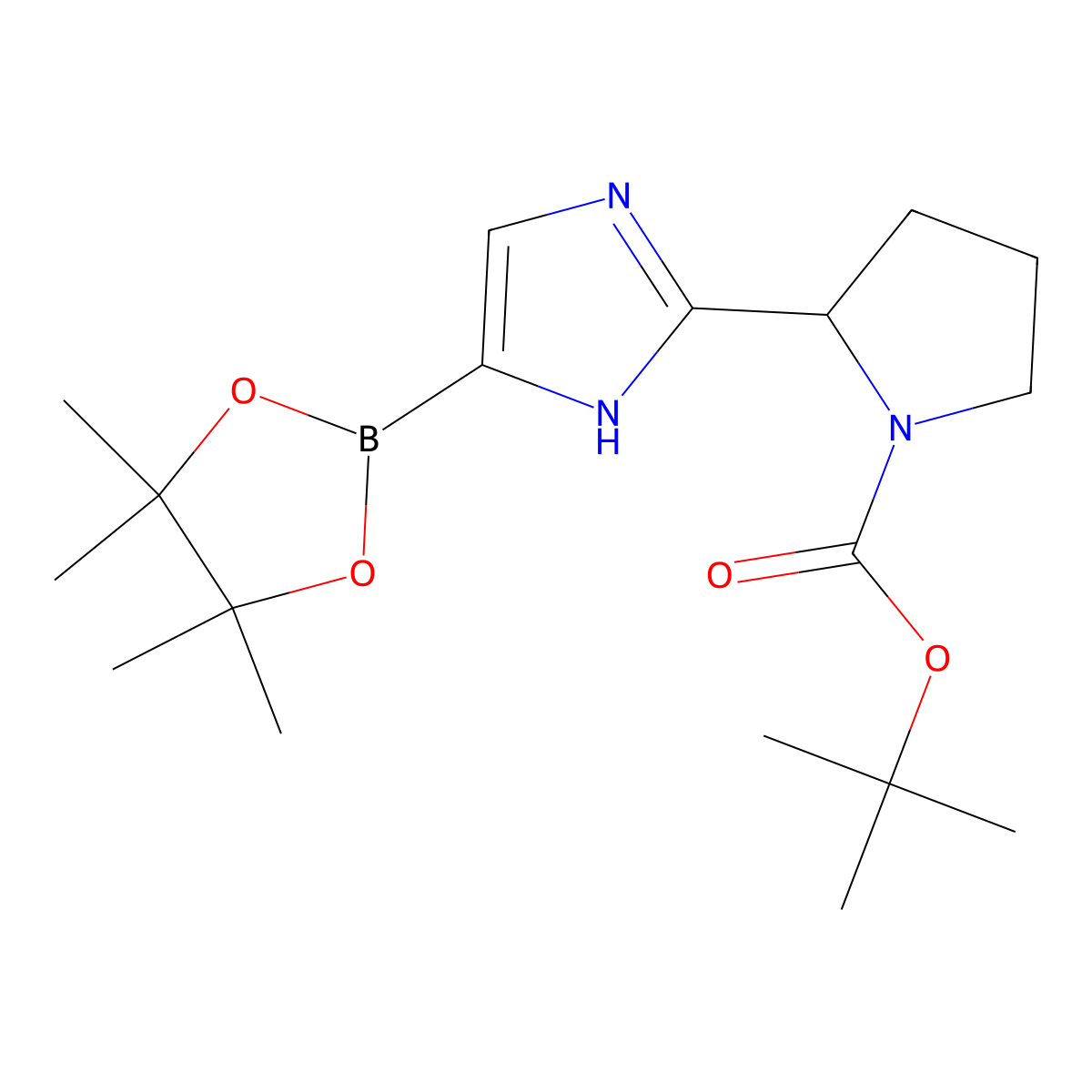 tert-Butyl (S)-2-(5-(4,4,5,5-tetramethyl-1,3,2-dioxaborolan-2-yl)-1H-imidazol-2-yl)pyrrolidine-1-carboxylate molecular structure, CAS 1613055-24-5