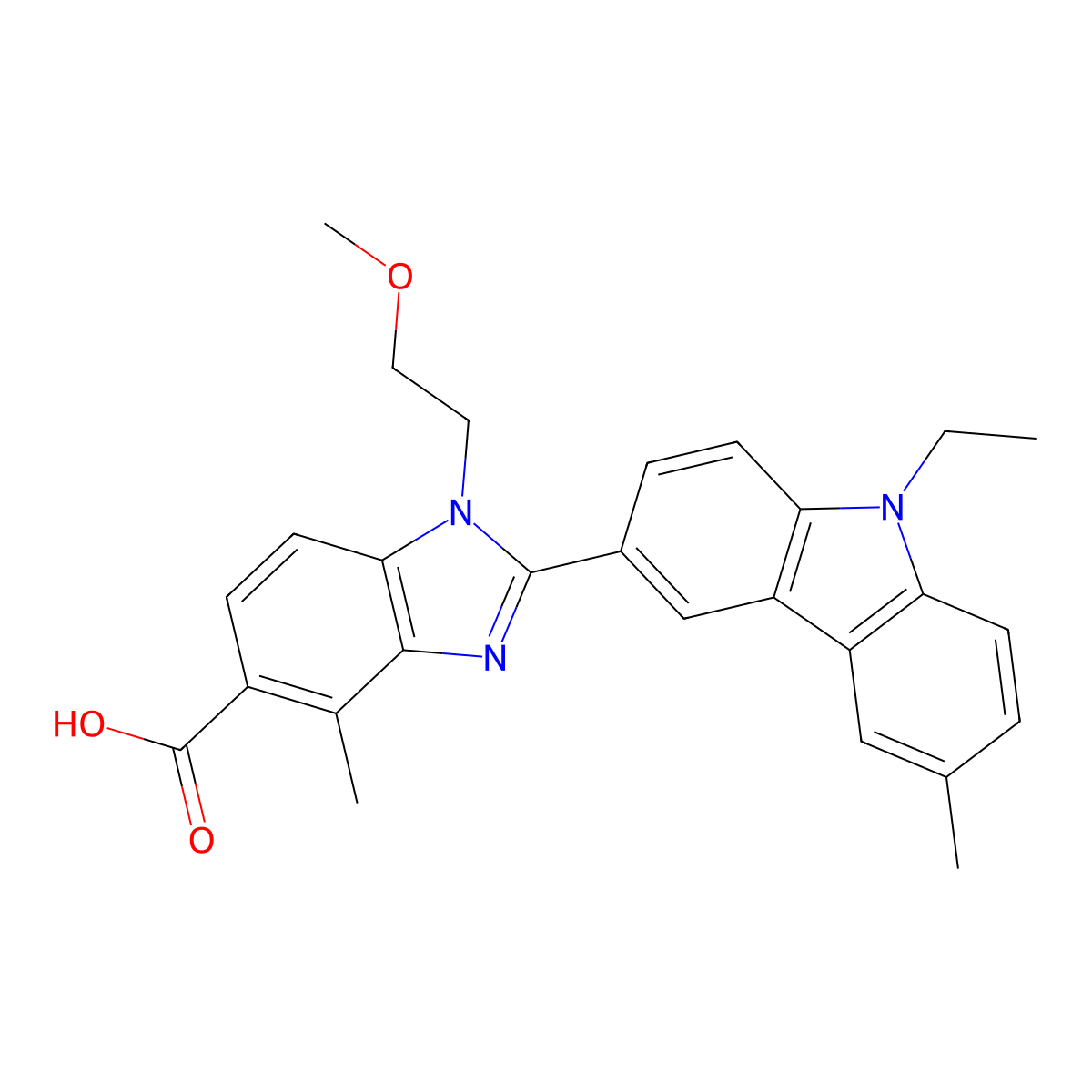 2-(9-Ethyl-6-methylcarbazol-3-yl)-1-(2-methoxyethyl)-4-methylbenzimidazole-5-carboxylic acid molecular structure, CAS 1613264-40-6