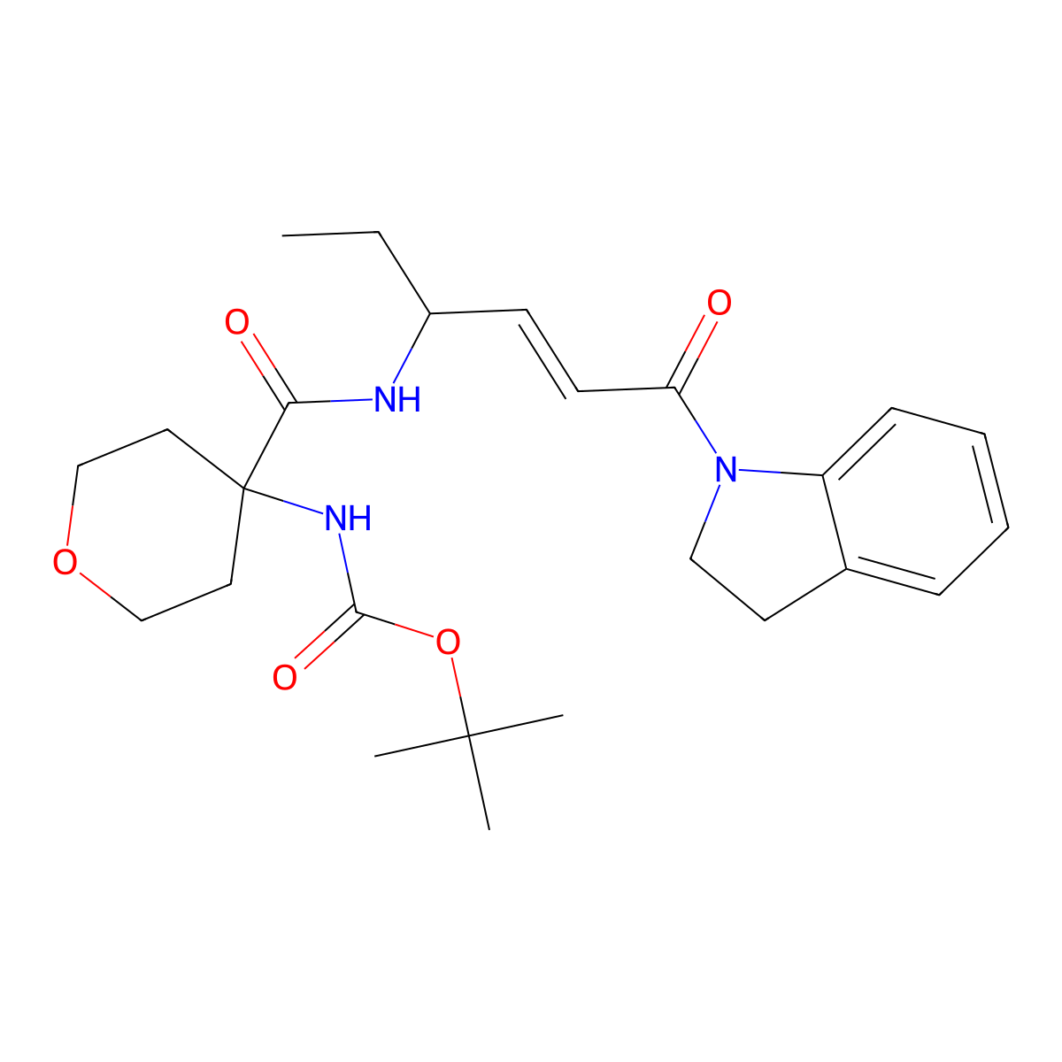 (S,E)-tert-butyl (4-((6-(indolin-1-yl)-6-oxohex-4-en-3-yl)carbamoyl)tetrahydro-2H-pyran-4-yl)carbamate molecular structure, CAS 1613458-75-5