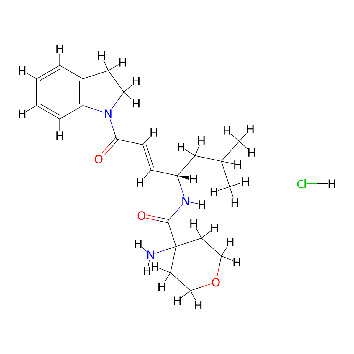 (S,E)-4-Amino-N-(1-(indolin-1-yl)-6-methyl-1-oxohept-2-en-4-yl)tetrahydro-2H-pyran-4-carboxamide hydrochloride molecular structure, CAS 1613458-79-9