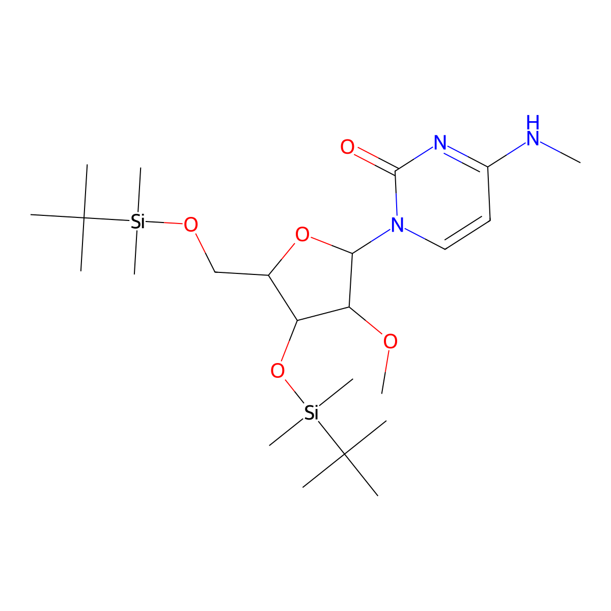1-((2R,3R,4R,5R)-4-((tert-Butyldimethylsilyl)oxy)-5-(((tert-butyldimethylsilyl)oxy)methyl)-3-methoxytetrahydrofuran-2-yl)-4-(methylamino)pyrimidin-2(1H)-one molecular structure, CAS 1613530-40-7