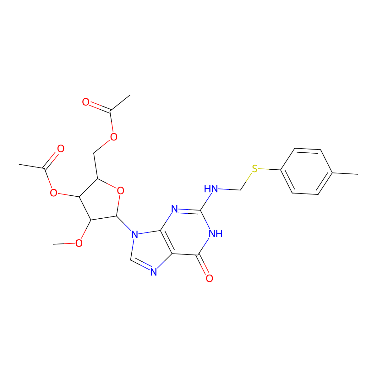 ((2R,3R,4R,5R)-3-Acetoxy-4-methoxy-5-(6-oxo-2-(((p-tolylthio)methyl)amino)-1H-purin-9(6H)-yl)tetrahydrofuran-2-yl)methyl acetate molecular structure, CAS 1613530-50-9