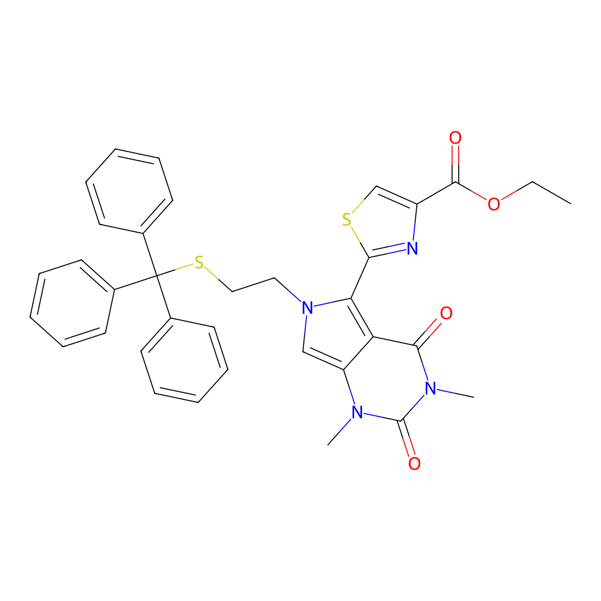 Ethyl 2-(1,3-dimethyl-2,4-dioxo-6-(2-(tritylthio)ethyl)-2,3,4,6-tetrahydro-1H-pyrrolo[3,4-d]pyrimidin-5-yl)thiazole-4-carboxylate molecular structure, CAS 1614252-42-4