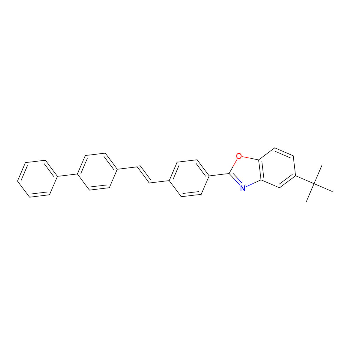 Benzoxazole, 2-(4-(2-(1,1'-biphenyl)-4-ylethenyl)phenyl)-5-(1,1-dimethylethyl)- molecular structure, CAS 16143-18-3