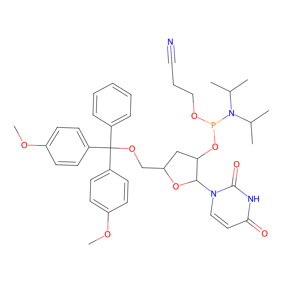 (2R,3S,5S)-5-((Bis(4-methoxyphenyl)(phenyl)methoxy)methyl)-2-(2,4-dioxo-3,4-dihydropyrimidin-1(2H)-yl)tetrahydrofuran-3-yl (2-cyanoethyl) diisopropylphosphoramidite molecular structure, CAS 161503-98-6