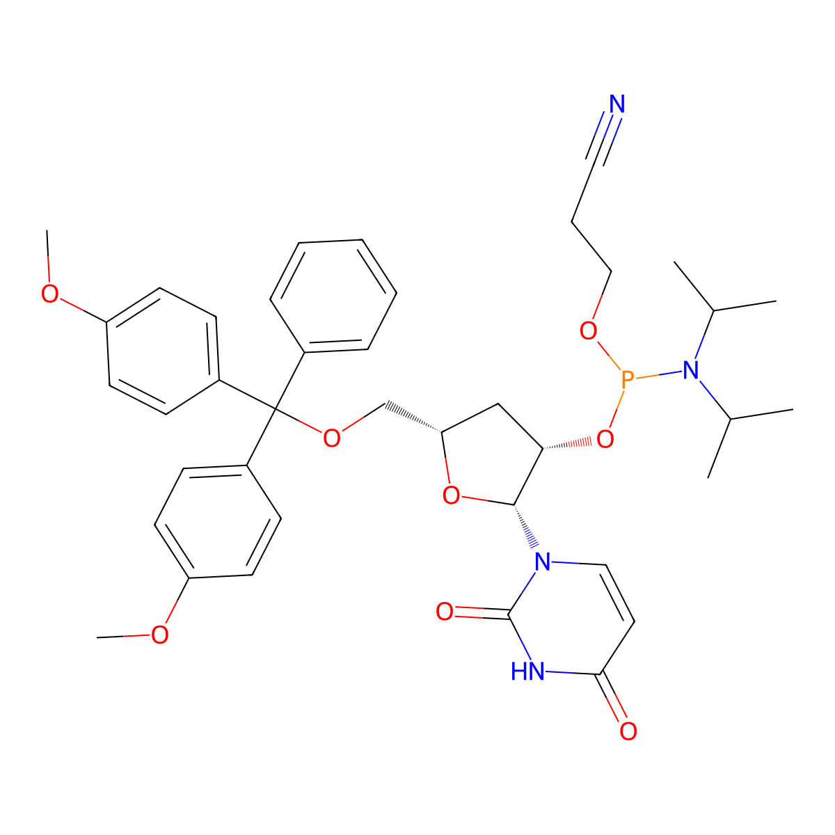 (2R,3S,5S)-5-((Bis(4-methoxyphenyl)(phenyl)methoxy)methyl)-2-(2,4-dioxo-3,4-dihydropyrimidin-1(2H)-yl)tetrahydrofuran-3-yl (2-cyanoethyl) diisopropylphosphoramidite molecular structure, CAS 161503-98-6