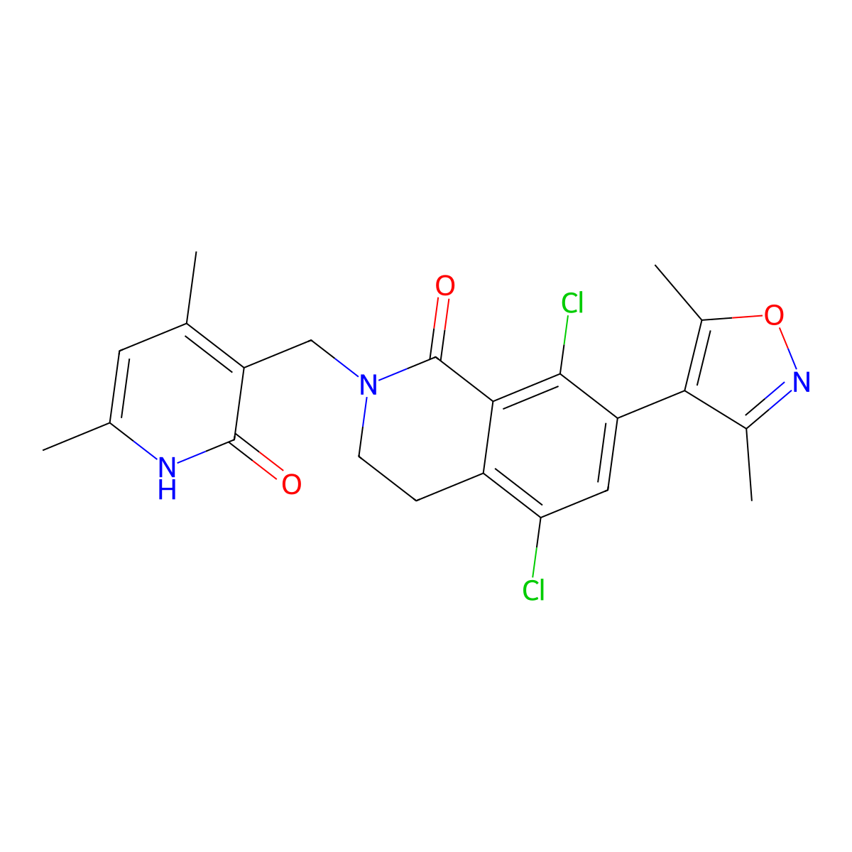 5,8-dichloro-7-(3,5-dimethyl-1,2-oxazol-4-yl)-2-[(4,6-dimethyl-2-oxo-1,2-dihydropyridin-3-yl)methyl]-3,4-dihydroisoquinolin-1(2H)-one molecular structure, CAS 1616287-82-1