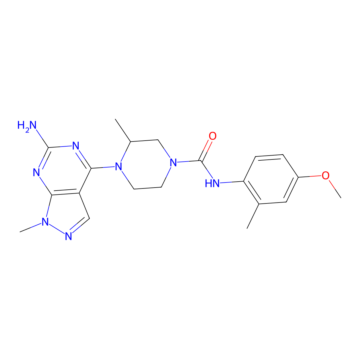 (S)-4-(6-amino-1-methyl-1H-pyrazolo[3,4-d]pyrimidin-4-yl)-N-(4-methoxy-2-methylphenyl)-3-methylpiperazine-1-carboxamide molecular structure, CAS 1616413-96-7