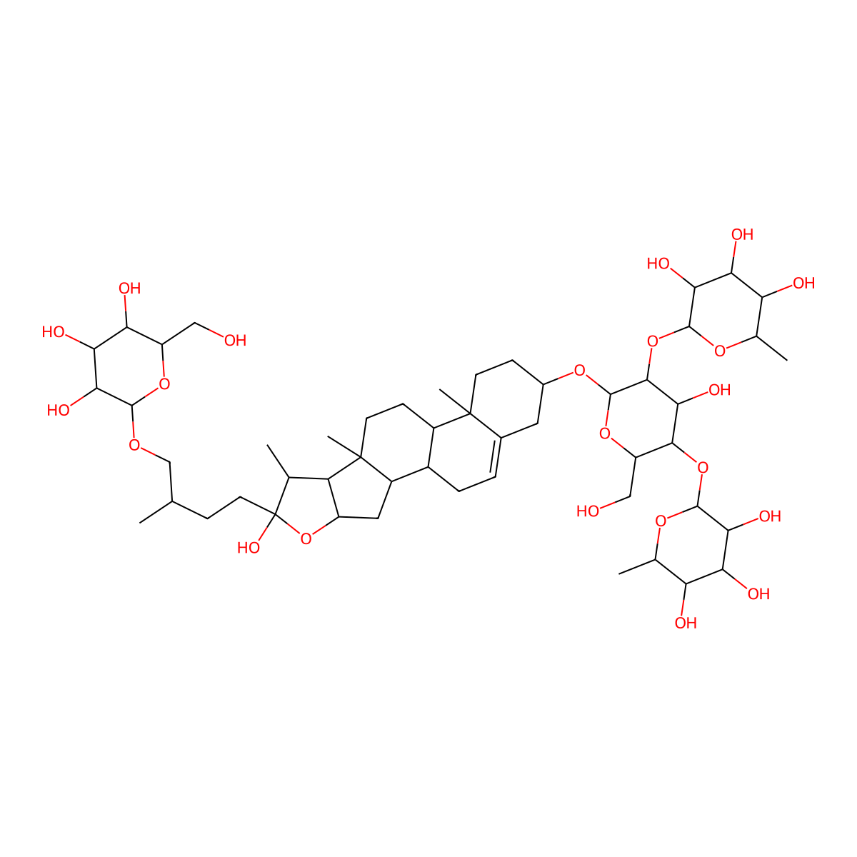 beta-D-Glucopyranoside, (3beta,25R)-26-(beta-D-glucopyranosyloxy)-22-hydroxyfurost-5-en-3-yl O-6-deoxy-alpha-L-mannopyranosyl-(1->2)-O-(6-deoxy-alpha-L-mannopyranosyl-(1->4))- molecular structure, CAS 161659-81-0