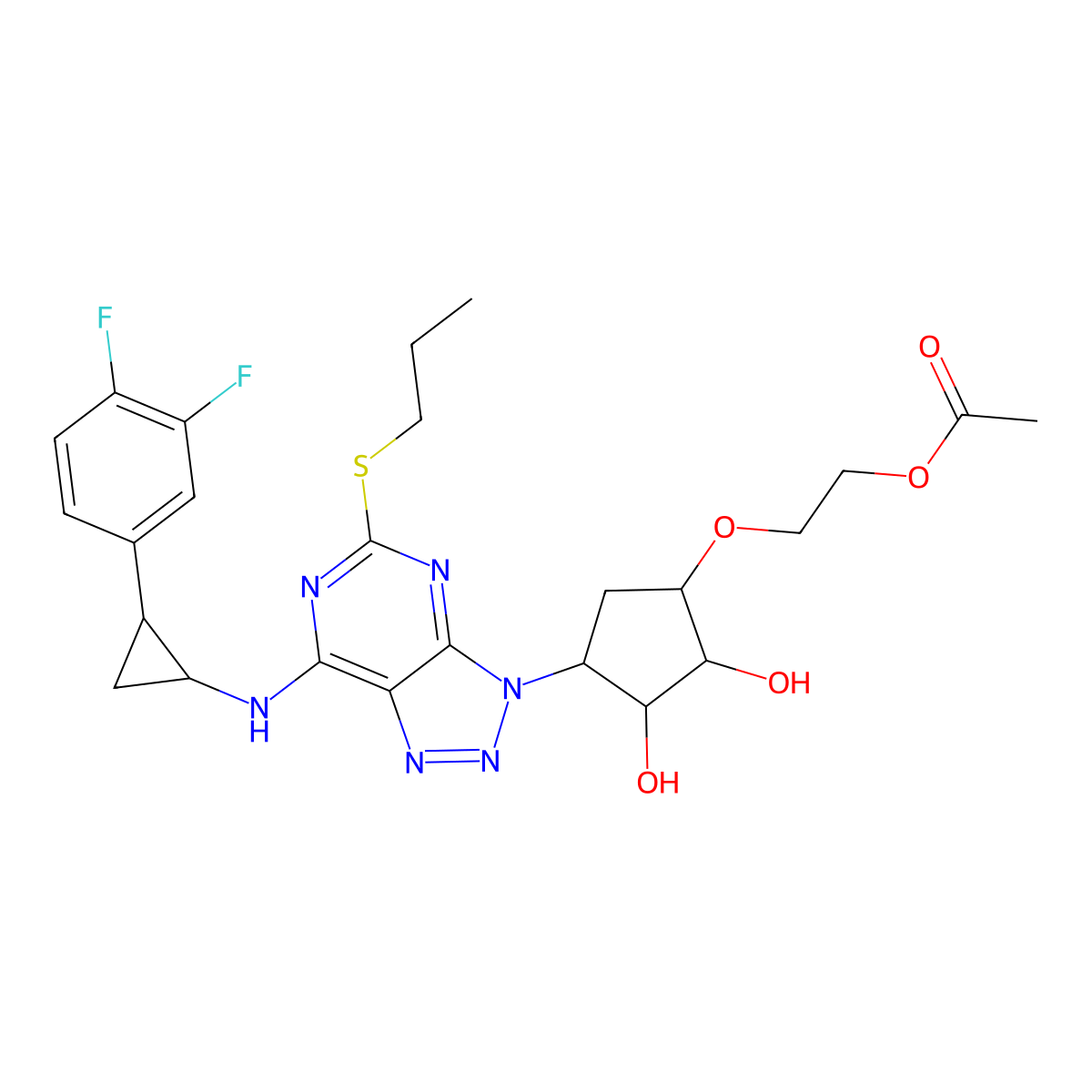2-(((1S,2S,3S,4R)-4-(7-(((1R,2S)-2-(3,4-difluorophenyl)cyclopropyl)amino)-5-(propylthio)-3H-[1,2,3]triazolo[4,5-d]pyrimidin-3-yl)-2,3-dihydroxycyclopentyl)oxy)ethyl acetate molecular structure, CAS 1616703-93-5