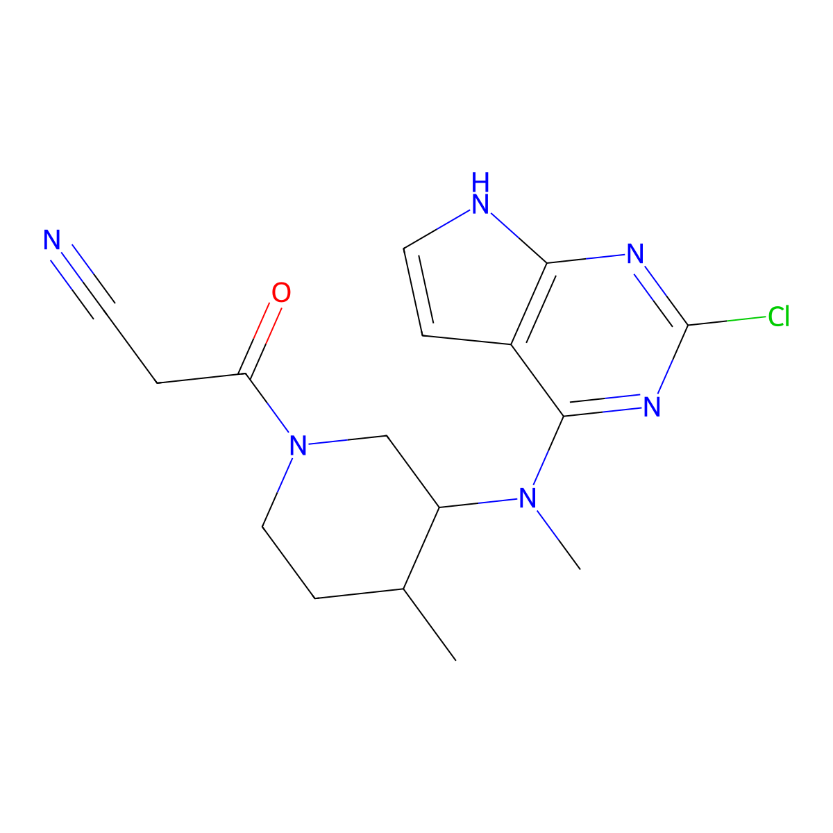 3-((3R,4R)-3-((2-chloro-7H-pyrrolo[2,3-d]pyrimidin-4-yl)(methyl)amino)-4-methylpiperidin-1-yl)-3-oxopropanenitrile molecular structure, CAS 1616761-00-2