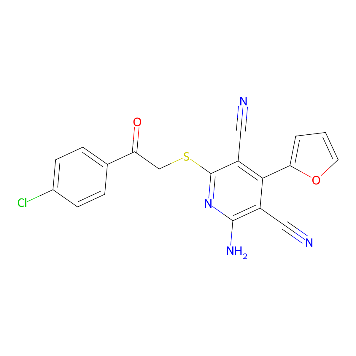 2-Amino-6-[2-(4-chlorophenyl)-2-oxoethyl]sulfanyl-4-(furan-2-yl)pyridine-3,5-dicarbonitrile molecular structure, CAS 161689-52-7