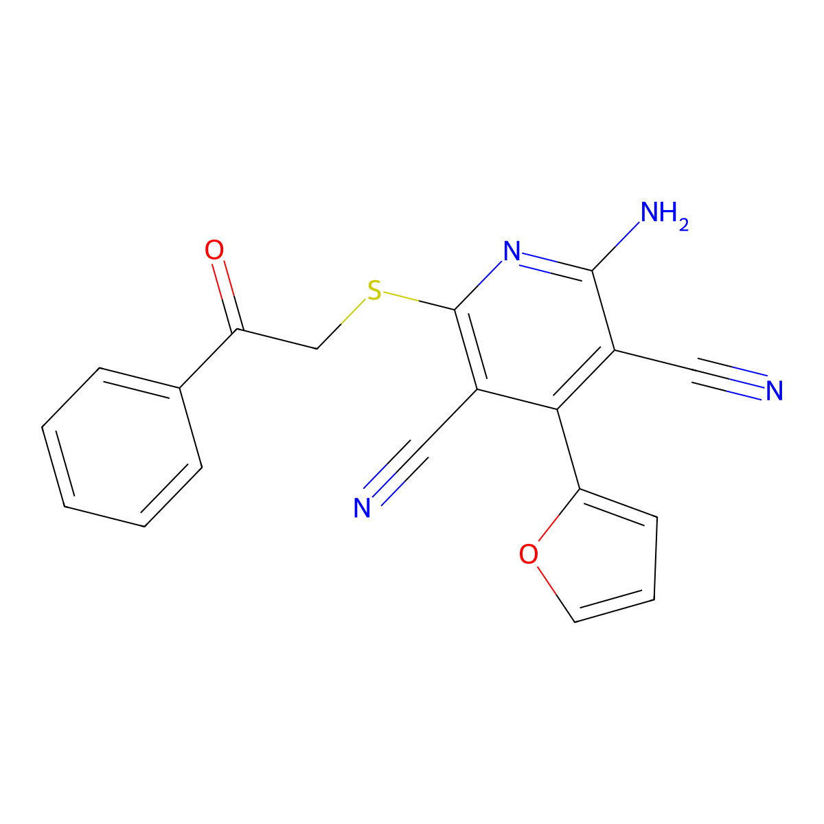 2-Amino-4-(furan-2-yl)-6-phenacylsulfanylpyridine-3,5-dicarbonitrile molecular structure, CAS 161689-53-8