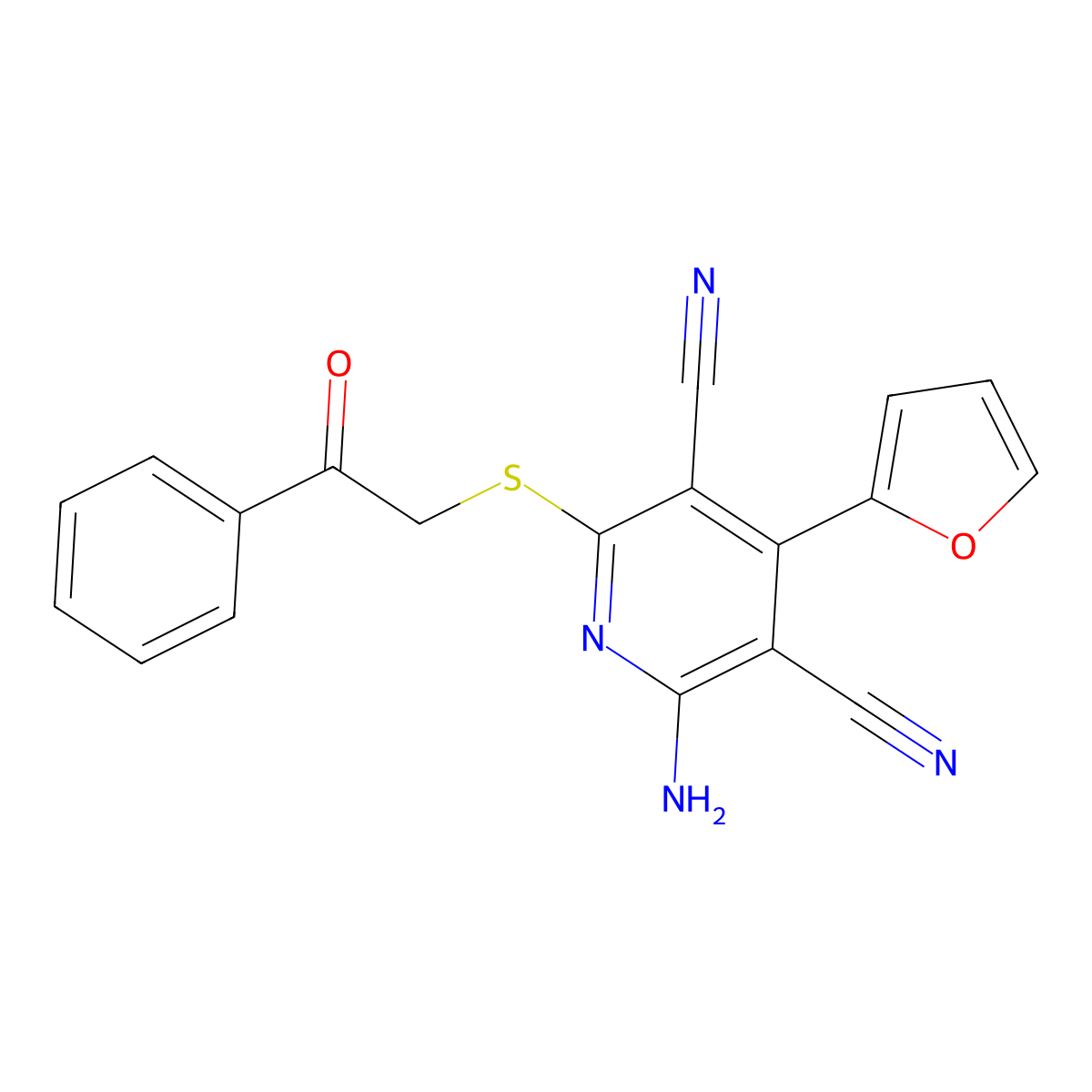 2-Amino-4-(furan-2-yl)-6-phenacylsulfanylpyridine-3,5-dicarbonitrile molecular structure, CAS 161689-53-8