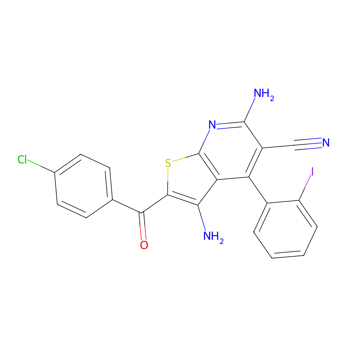 3,6-Diamino-2-(4-chlorobenzoyl)-4-(2-iodophenyl)thieno[2,3-b]pyridine-5-carbonitrile molecular structure, CAS 161689-66-3
