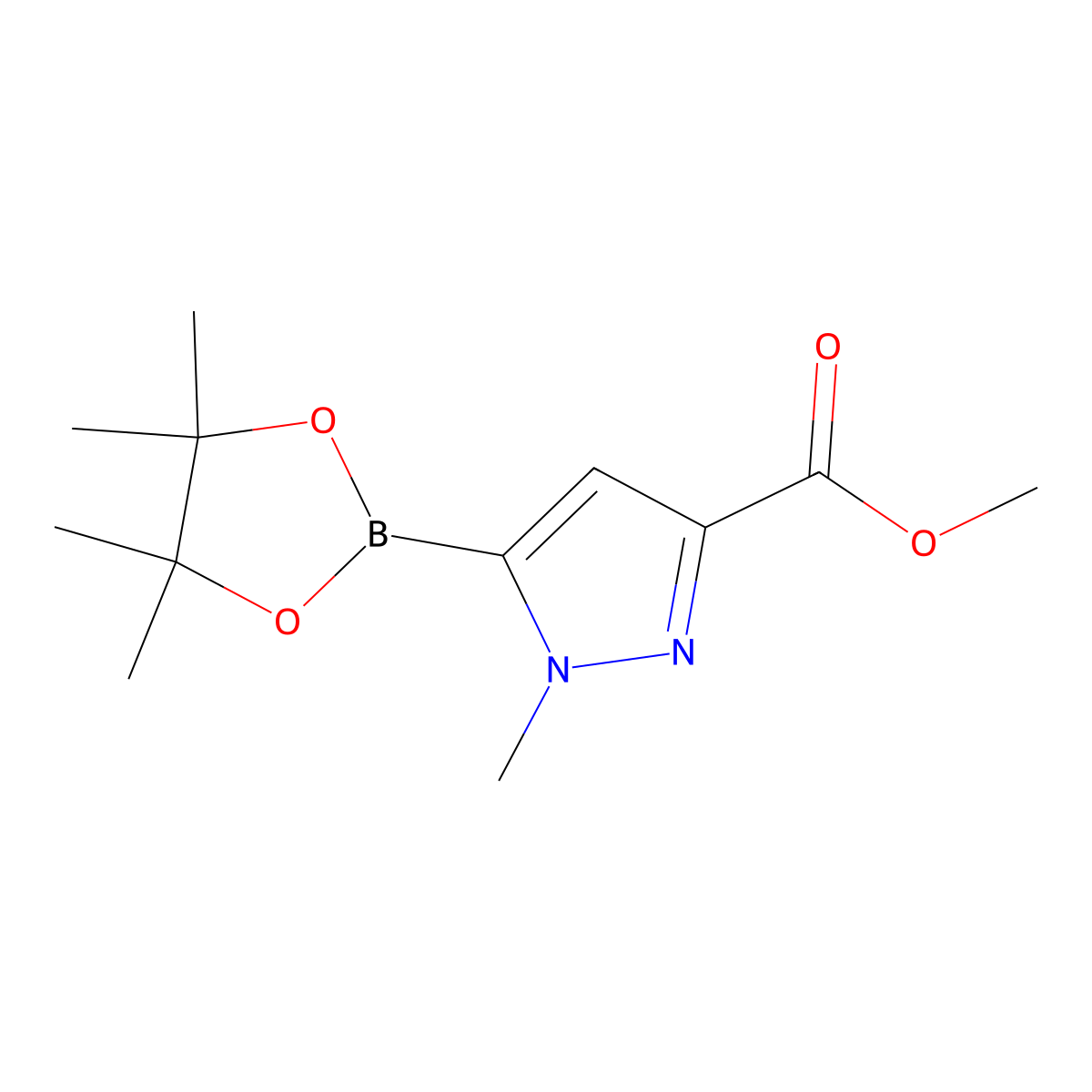 methyl 1-methyl-5-(4,4,5,5-tetramethyl-1,3,2-dioxaborolan-2-yl)-1H-pyrazole-3-carboxylate molecular structure, CAS 1616930-45-0