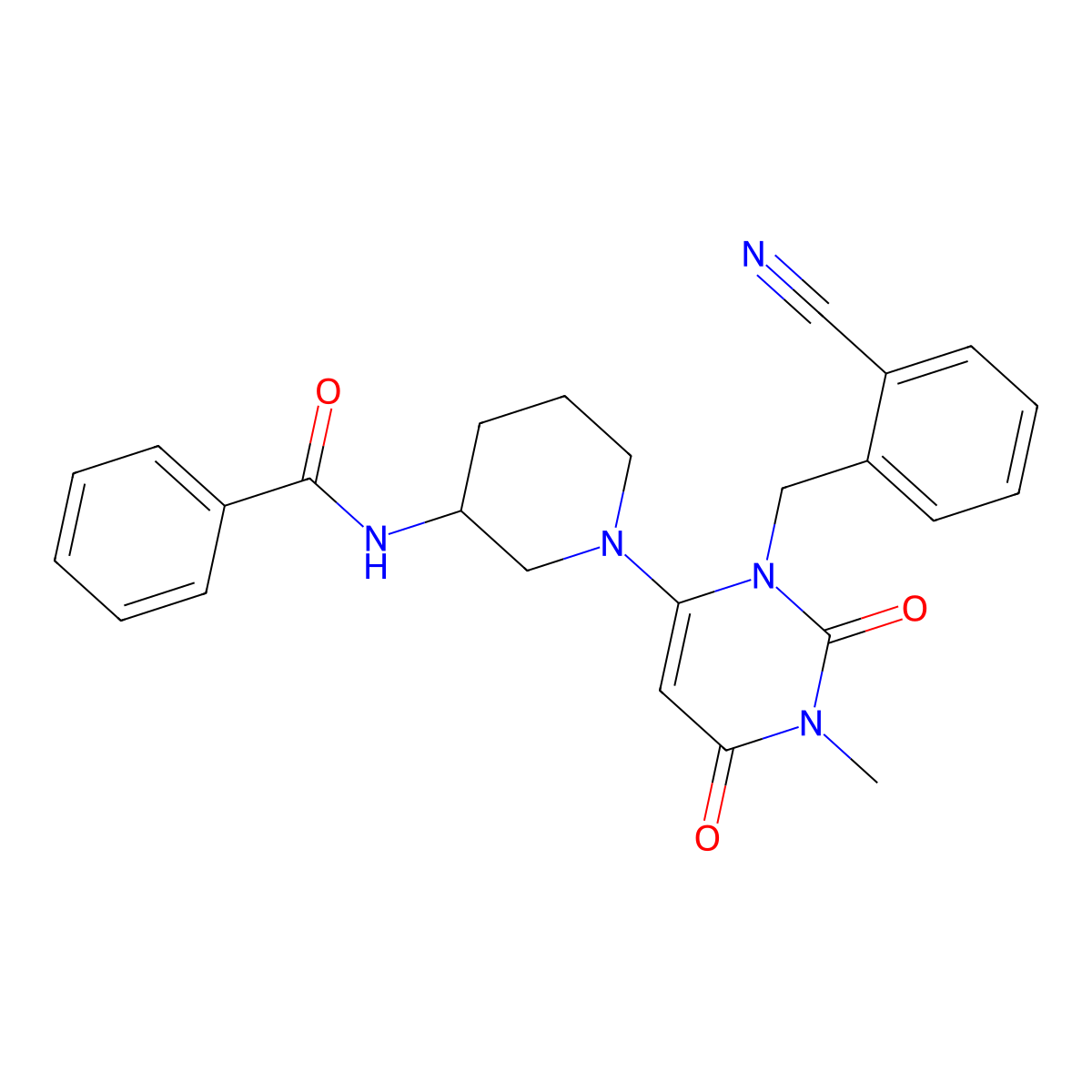 (S)-N-(1-(3-(2-Cyanobenzyl)-1-methyl-2,6-dioxo-1,2,3,6-tetrahydropyrimidin-4-yl)piperidin-3-yl)benzamide molecular structure, CAS 1618644-32-8