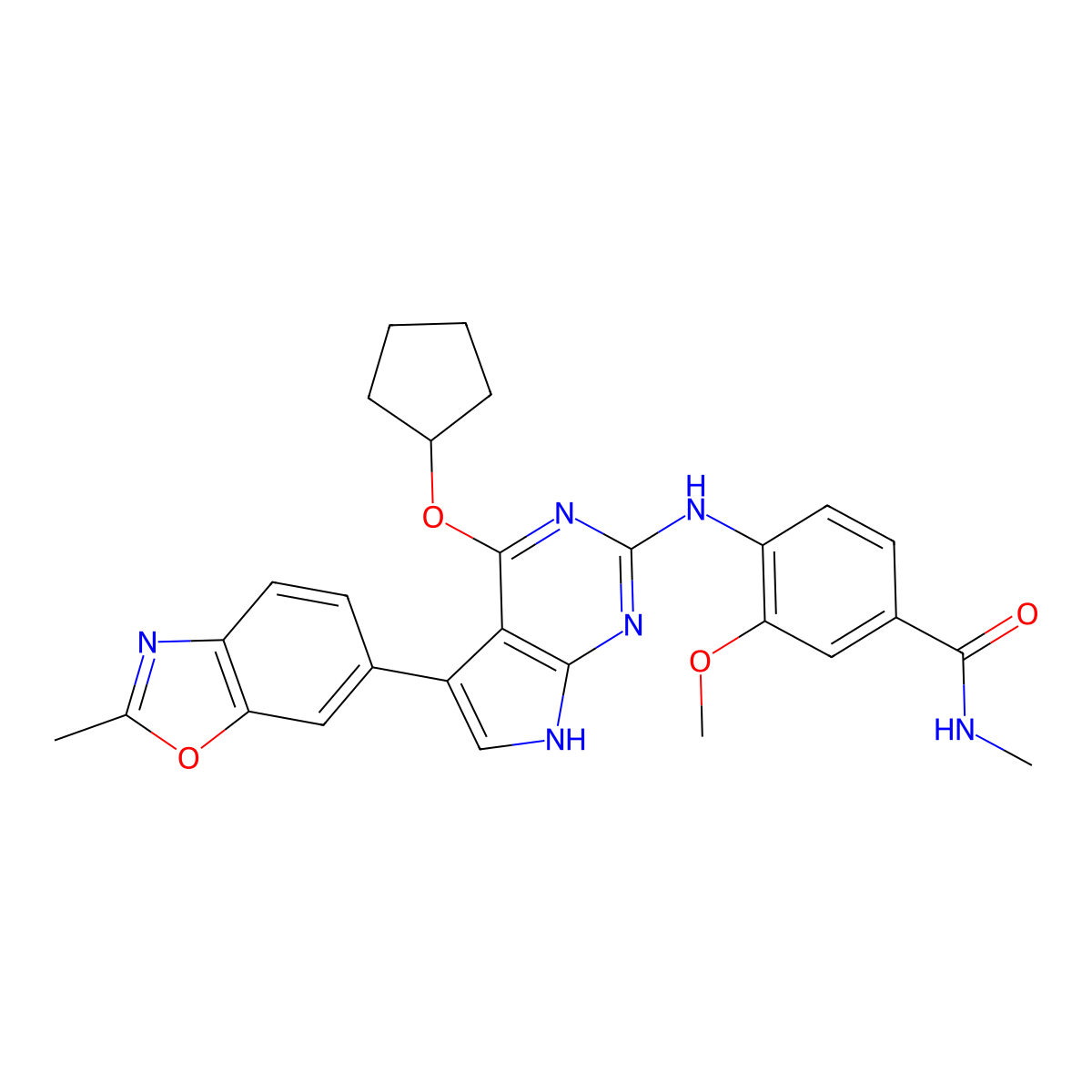 4-((4-(cyclopentyloxy)-5-(2-methylbenzo[d]oxazol-6-yl)-7H-pyrrolo[2,3-d]pyrimidin-2-yl)amino)-3-methoxy-N-methylbenzamide molecular structure, CAS 1618658-88-0