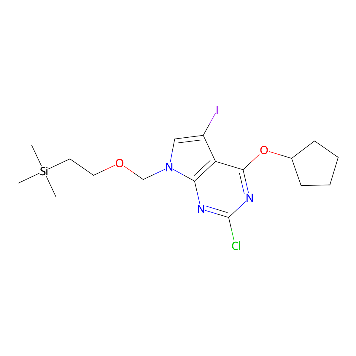 2-Chloro-4-(cyclopentyloxy)-5-iodo-7-[[2-(trimethylsilyl)ethoxy]methyl]-7H-pyrrolo[2,3-d]pyrimidine molecular structure, CAS 1618663-33-4