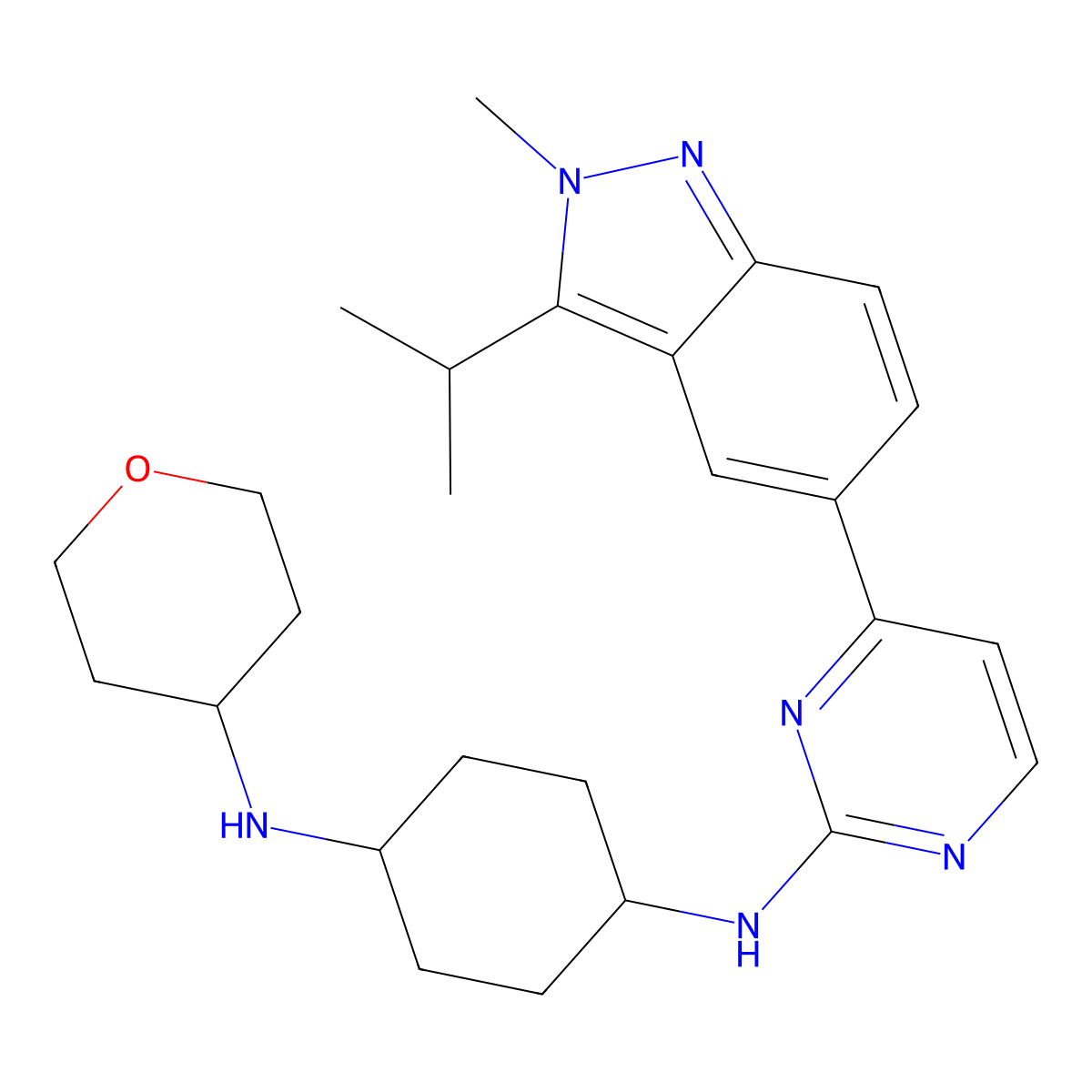4-N-[4-(2-methyl-3-propan-2-ylindazol-5-yl)pyrimidin-2-yl]-1-N-(oxan-4-yl)cyclohexane-1,4-diamine molecular structure, CAS 1619903-54-6