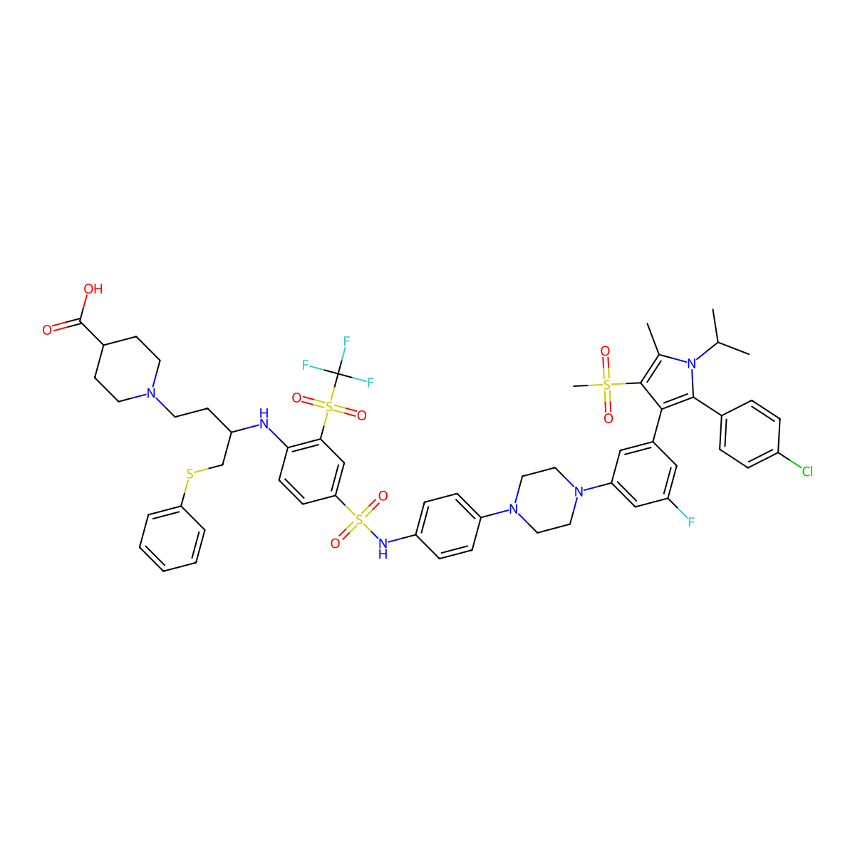 1-[(3R)-3-[4-[[4-[4-[3-[2-(4-chlorophenyl)-5-methyl-4-methylsulfonyl-1-propan-2-ylpyrrol-3-yl]-5-fluorophenyl]piperazin-1-yl]phenyl]sulfamoyl]-2-(trifluoromethylsulfonyl)anilino]-4-phenylsulfanylbutyl]piperidine-4-carboxylic acid molecular structure, CAS 1619923-32-8