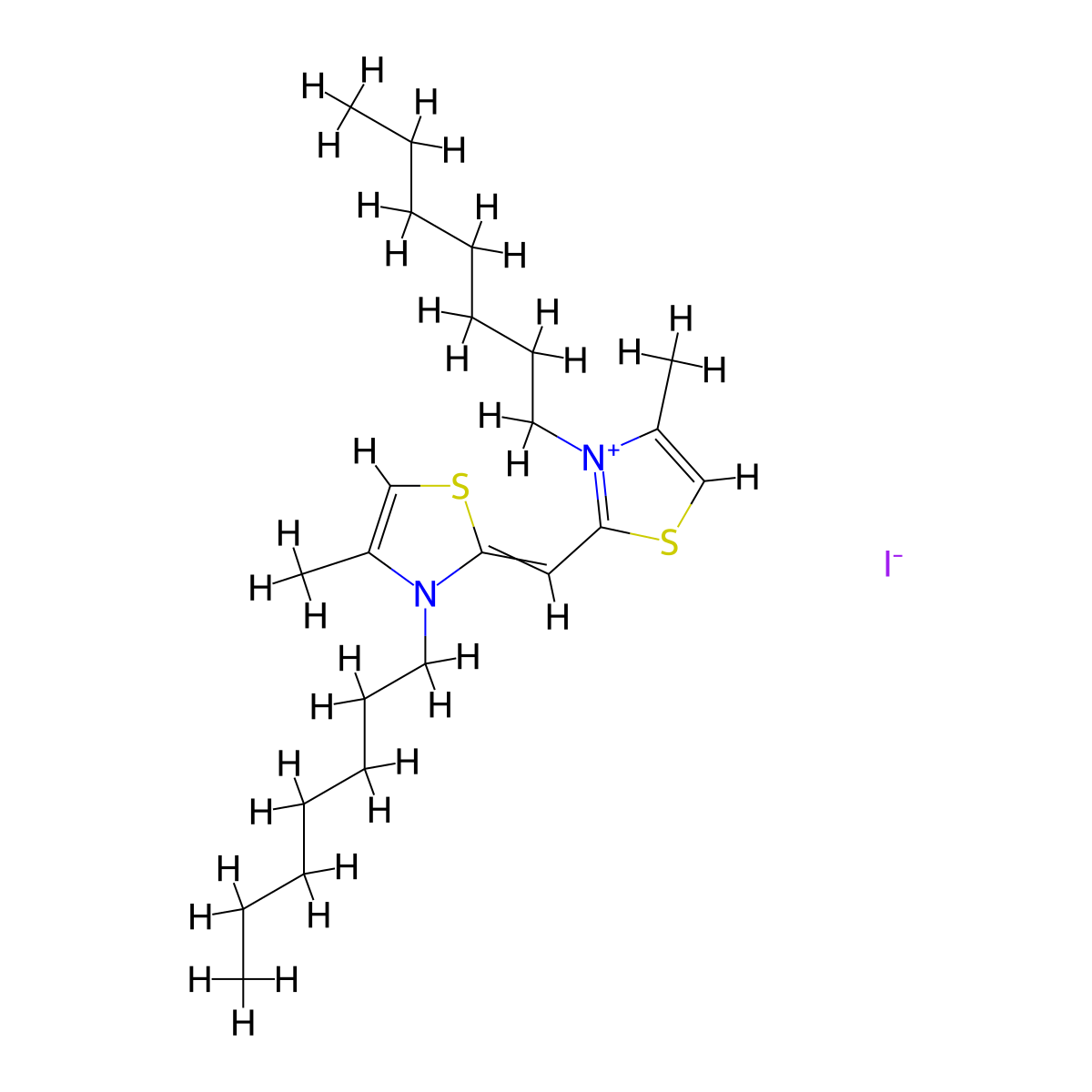 3-Heptyl-2-((3-heptyl-4-methylthiazol-2(3H)-ylidene)methyl)-4-methylthiazol-3-ium iodide molecular structure, CAS 1619969-13-9