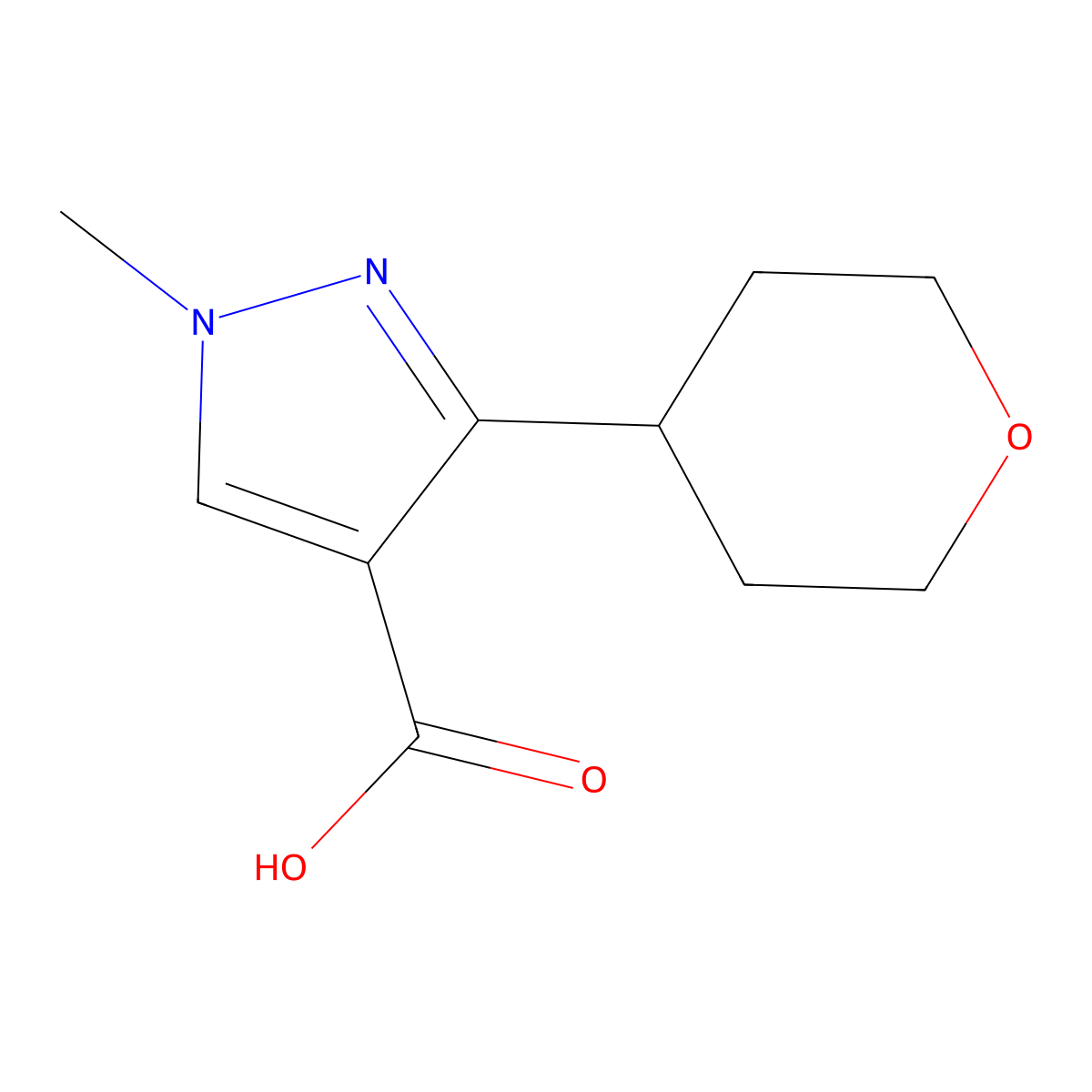 1-methyl-3-(oxan-4-yl)-1H-pyrazole-4-carboxylic acid molecular structure, CAS 1619991-95-5