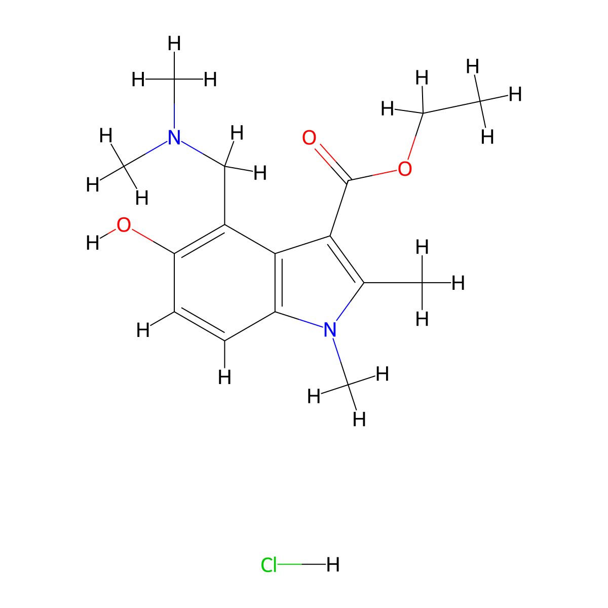 Indole-3-carboxylic acid, 1,2-dimethyl-4-((dimethylamino)methyl)-5-hydroxy-, ethyl ester, monohydrochloride molecular structure, CAS 16200-02-5