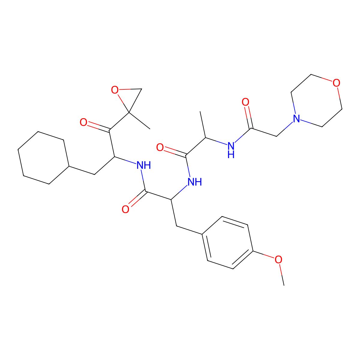 (S)-N-((S)-3-Cyclohexyl-1-((R)-2-methyloxiran-2-yl)-1-oxopropan-2-yl)-3-(4-methoxyphenyl)-2-((S)-2-(2-morpholinoacetamido)propanamido)propanamide molecular structure, CAS 1620107-33-6