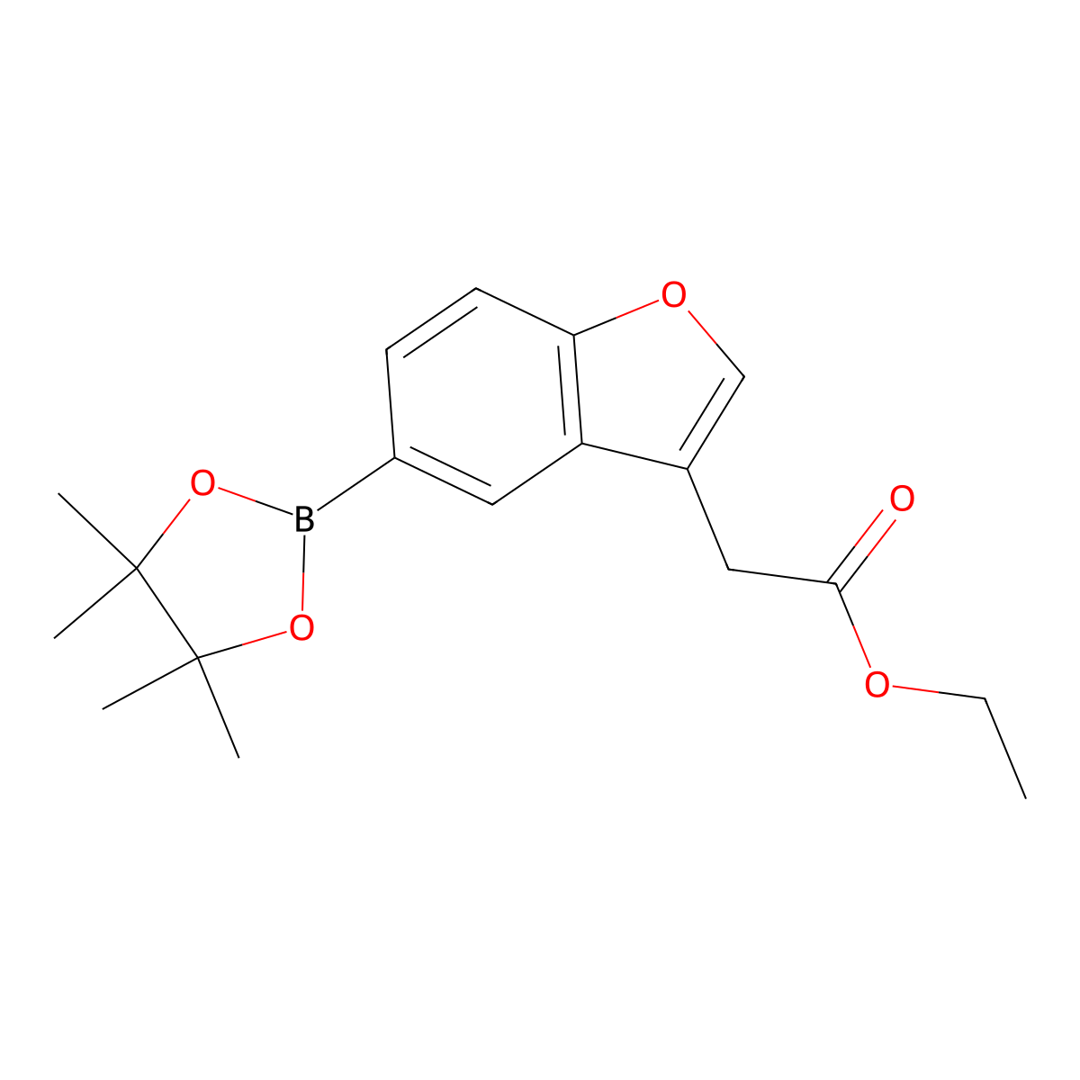 Ethyl 2-(5-(4,4,5,5-tetramethyl-1,3,2-dioxaborolan-2-yl)benzofuran-3-yl)acetate molecular structure, CAS 1620318-38-8