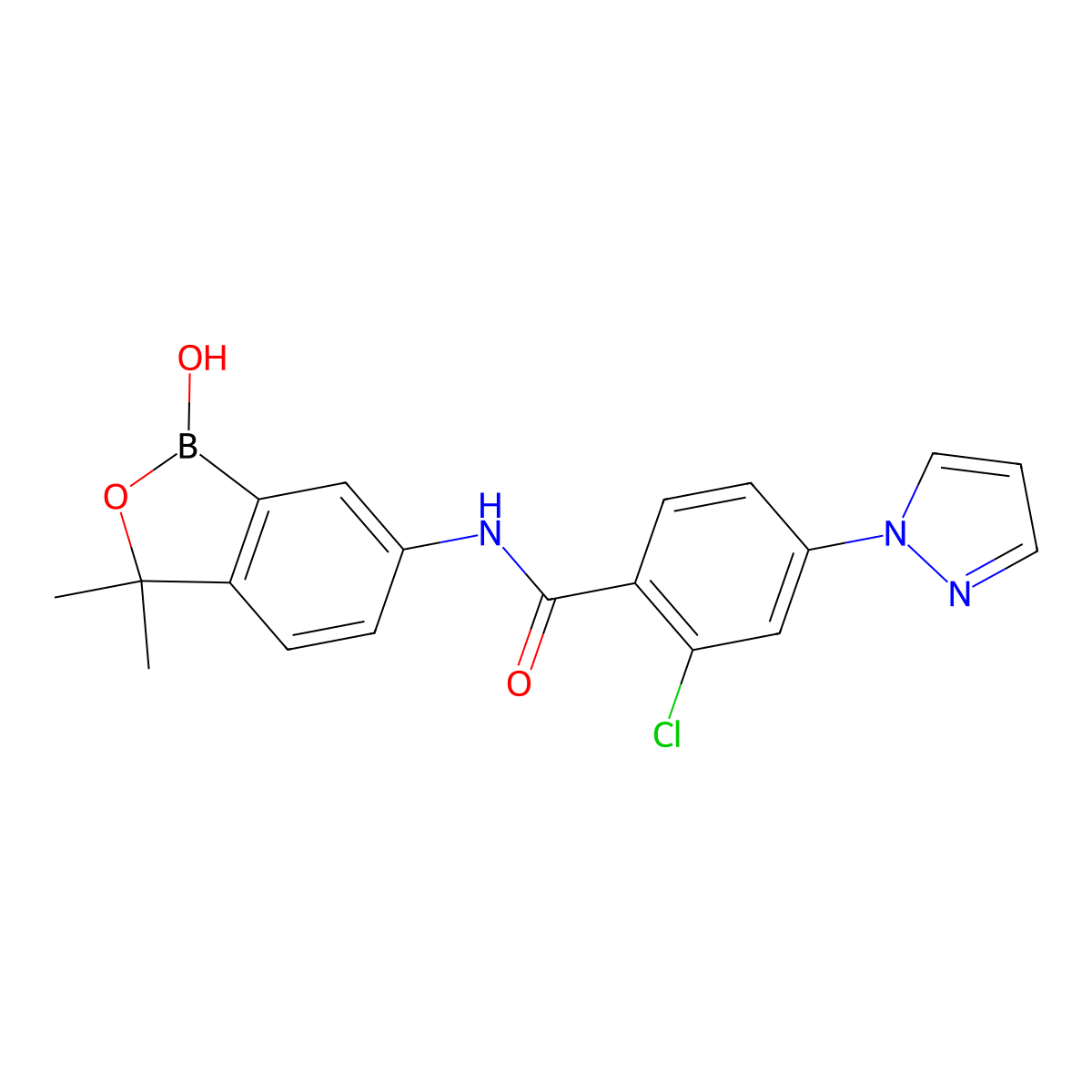 2-Chloro-N-(1-hydroxy-3,3-dimethyl-1,3-dihydrobenzo[c][1,2]oxaborol-6-yl)-4-(1H-pyrazol-1-yl)benzamide molecular structure, CAS 1620899-32-2