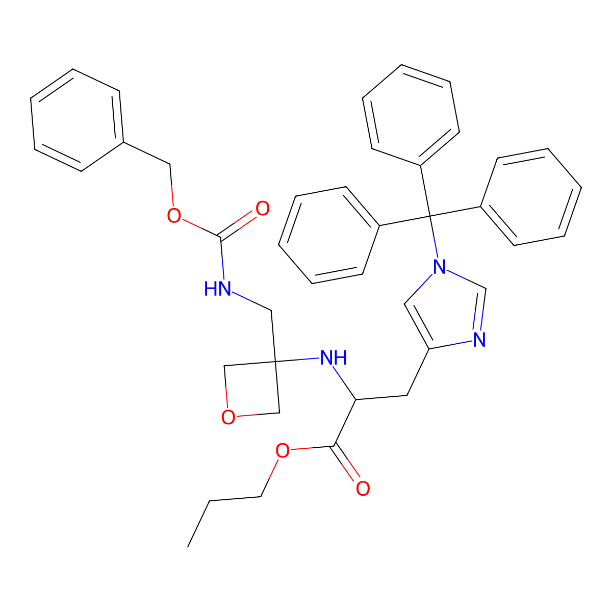 propyl Na-(3-((((benzyloxy)carbonyl)amino)methyl)oxetan-3-yl)-Nt-trityl-L-histidinate molecular structure, CAS 1620923-90-1