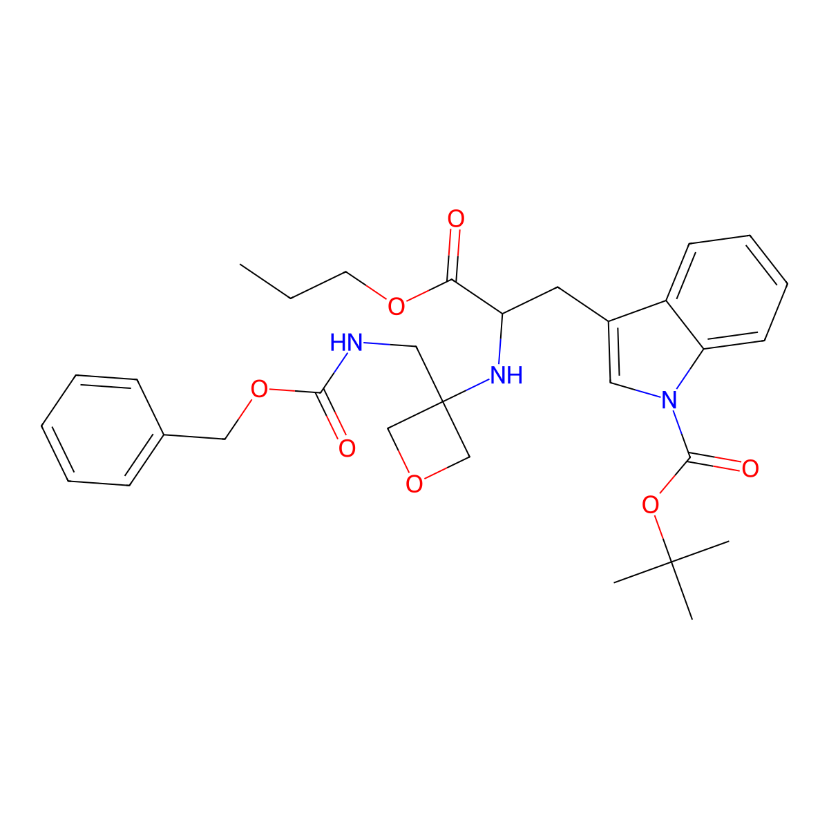 (2S)-2-[3-[(Benzyloxycarbonylamino)methyl]oxetane-3-ylamino]-3-[1-(tert-butoxycarbonyl)-1H-indole-3-yl]propionic acid propyl ester molecular structure, CAS 1620923-91-2
