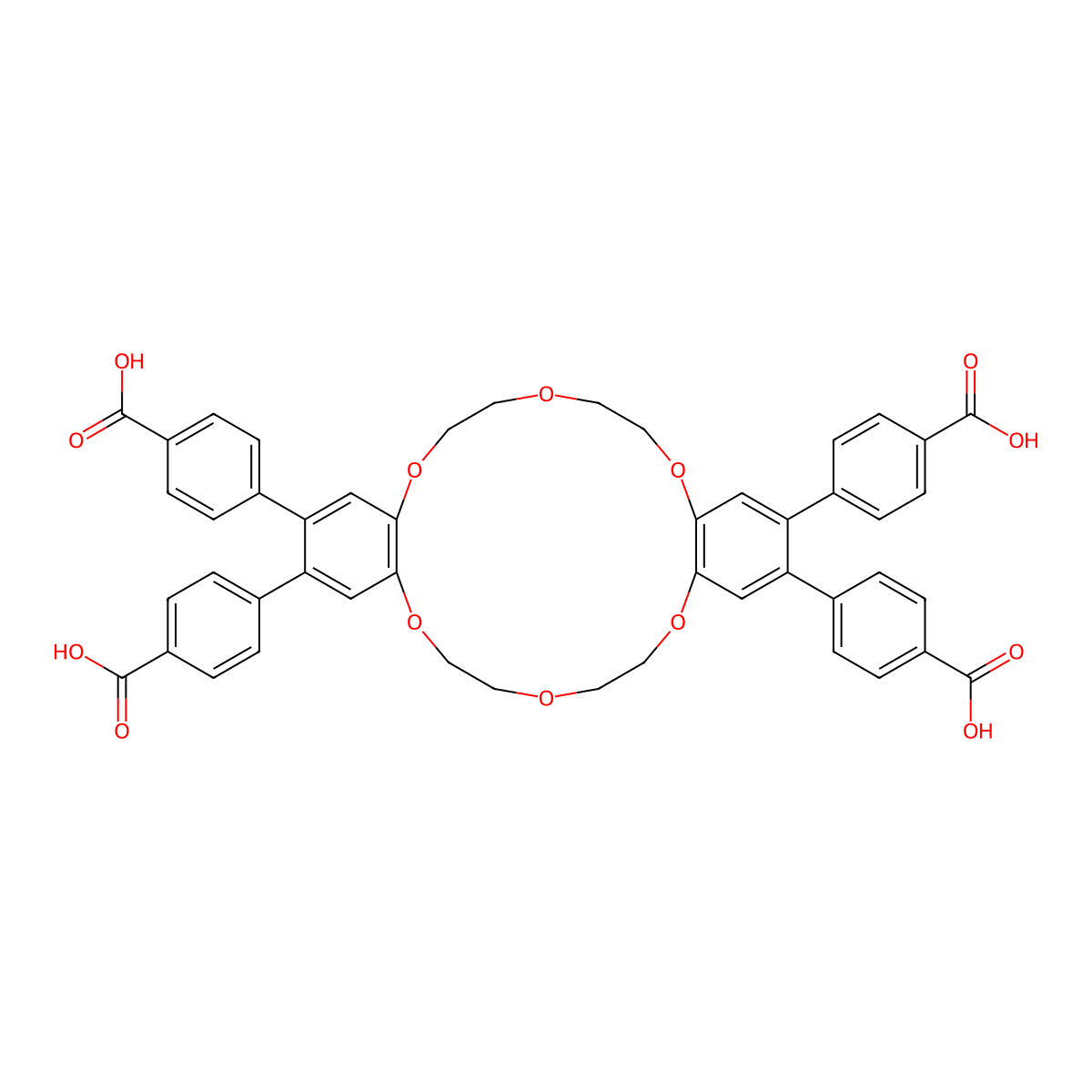 4,4',4'',4'''-(6,7,9,10,17,18,20,21-Octahydrodibenzo[b,k][1,4,7,10,13,16]hexaoxacyclooctadecine-2,3,13,14-tetrayl)tetrabenzoic acid molecular structure, CAS 1620959-59-2